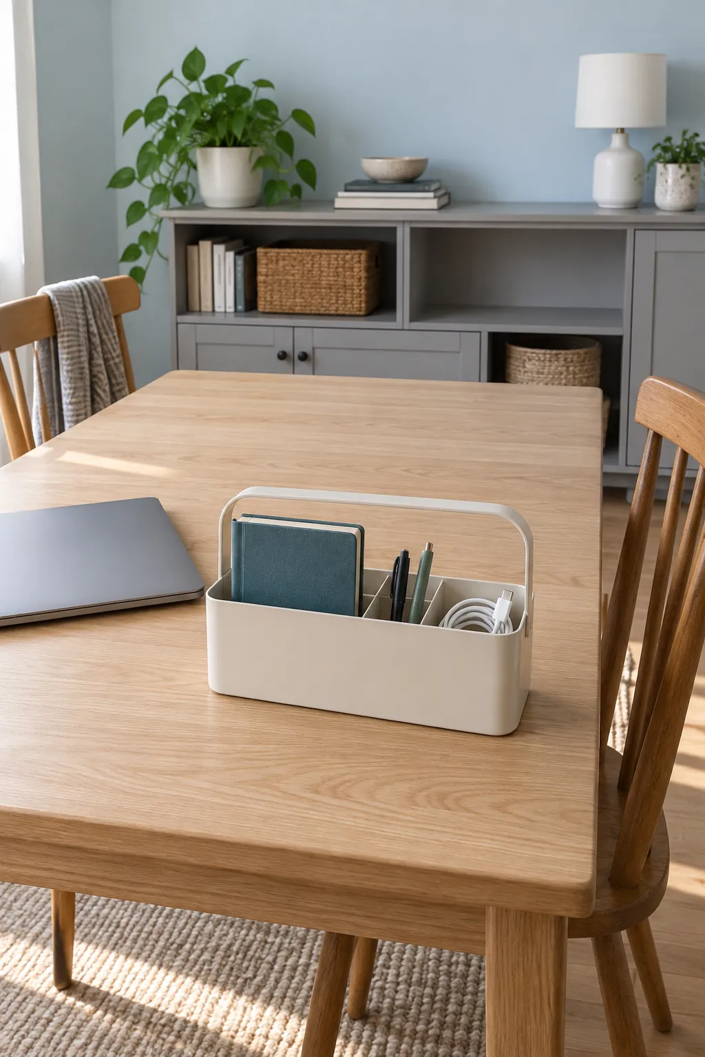 Portable work caddy on a shared dining table