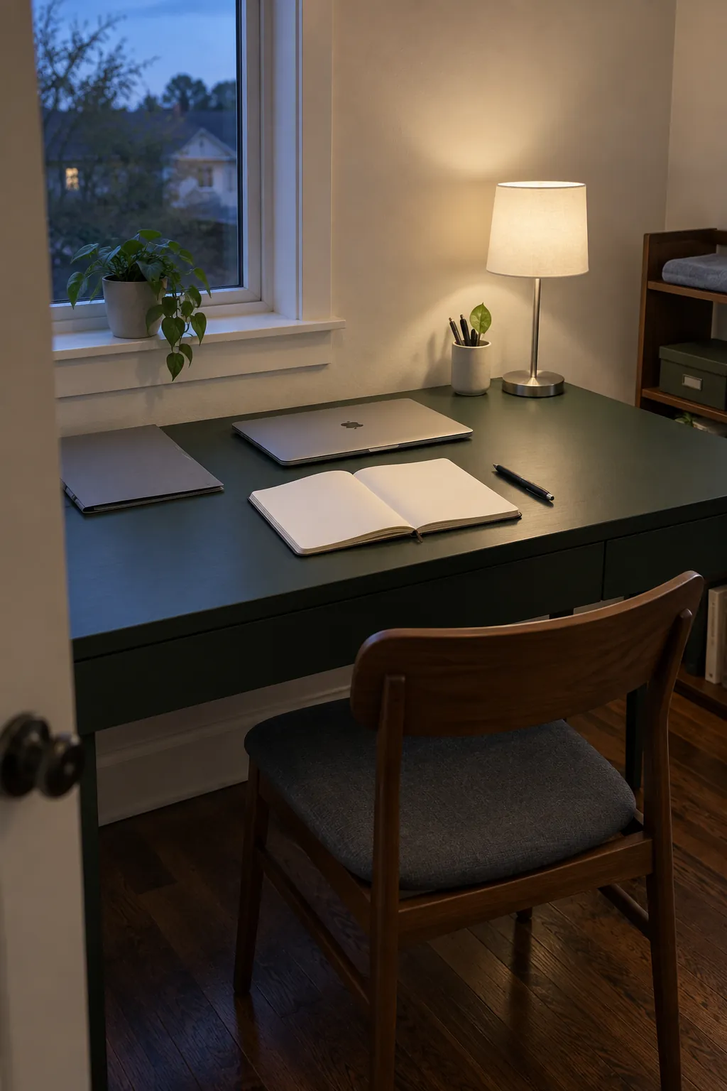 Evening desk reset with a closed laptop and ready notebook