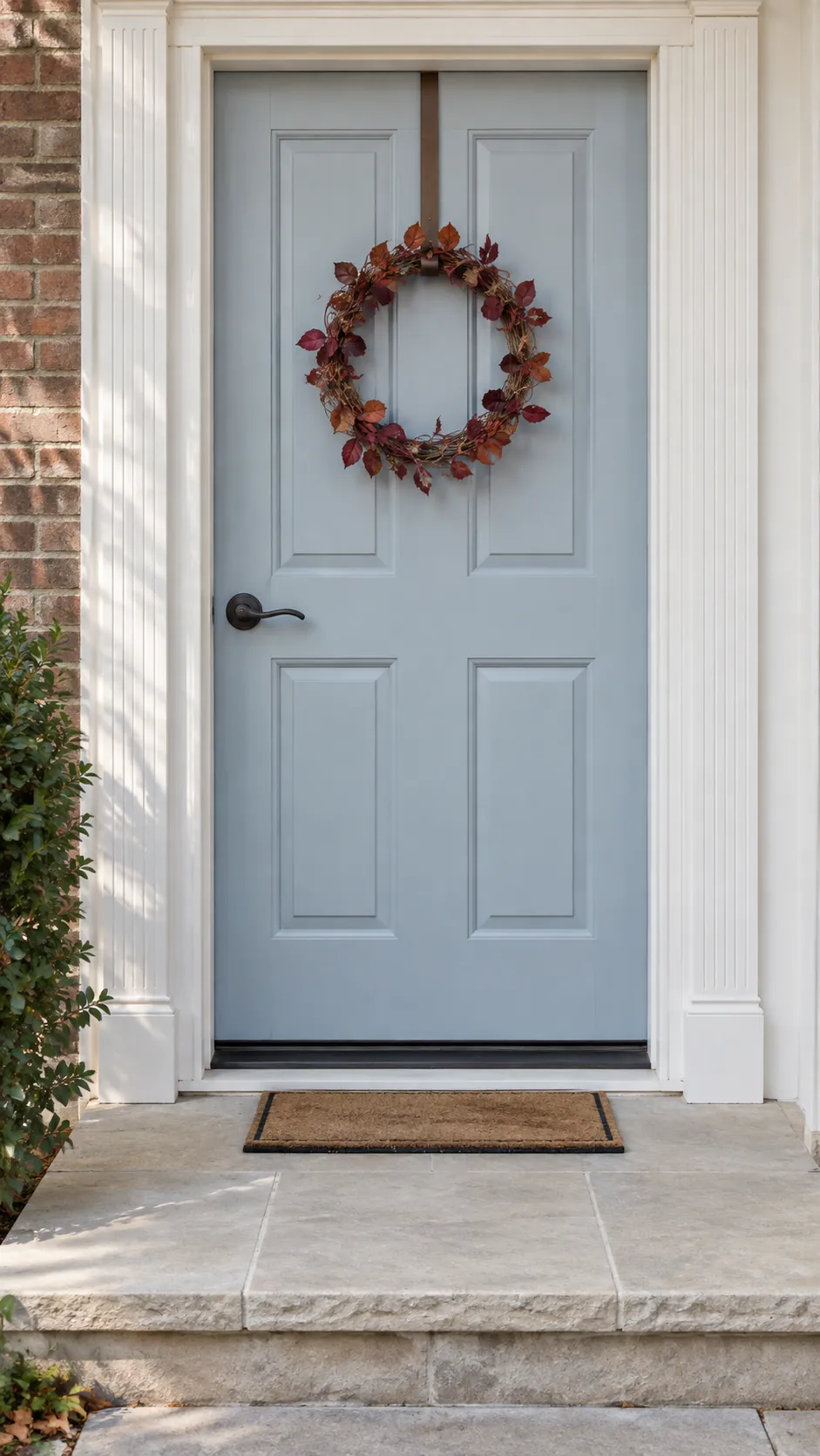A Slim Wreath as the Main Accent for small front porch fall decor