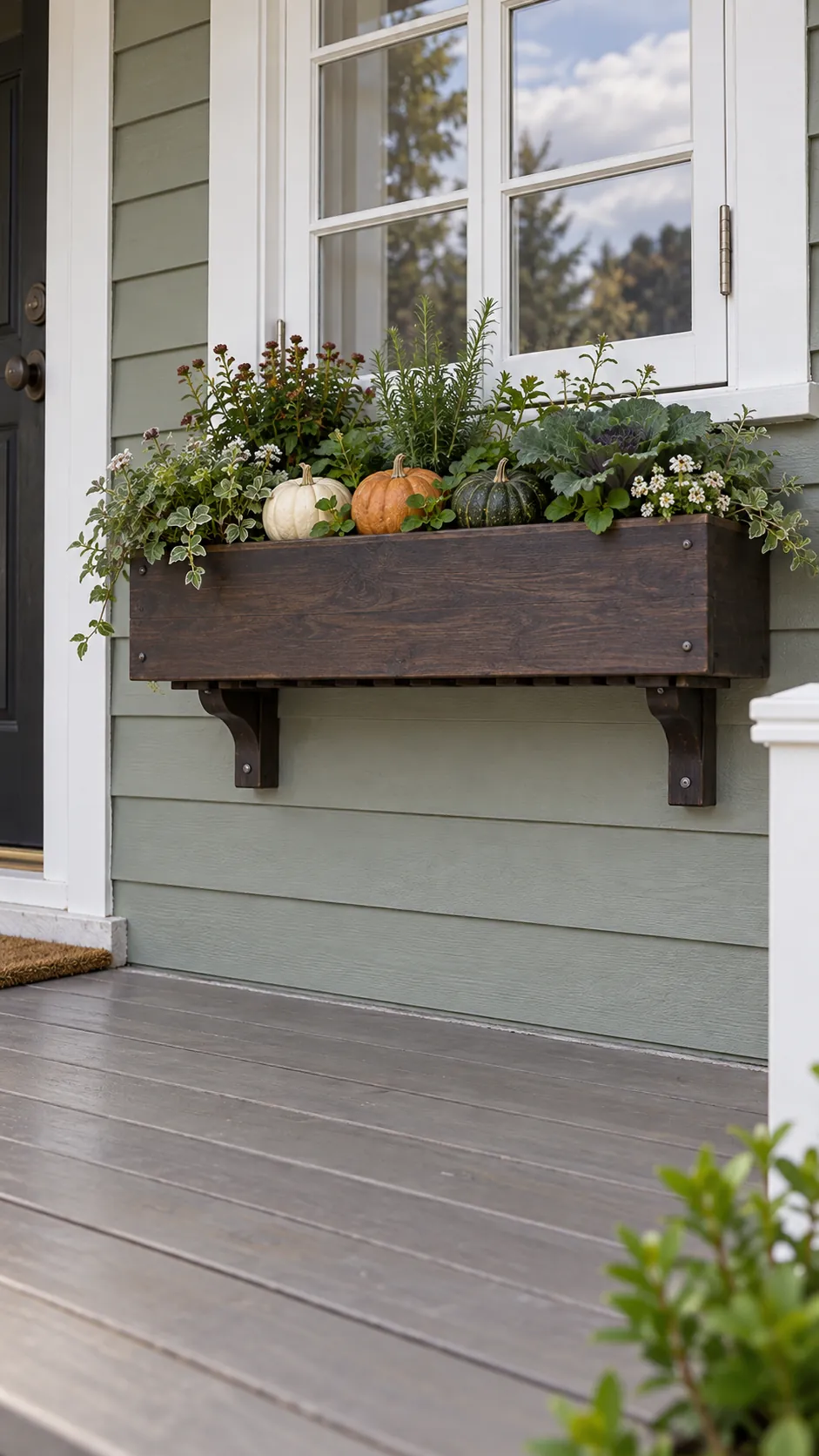 Small Pumpkins in an Existing Window Box for small front porch fall decor