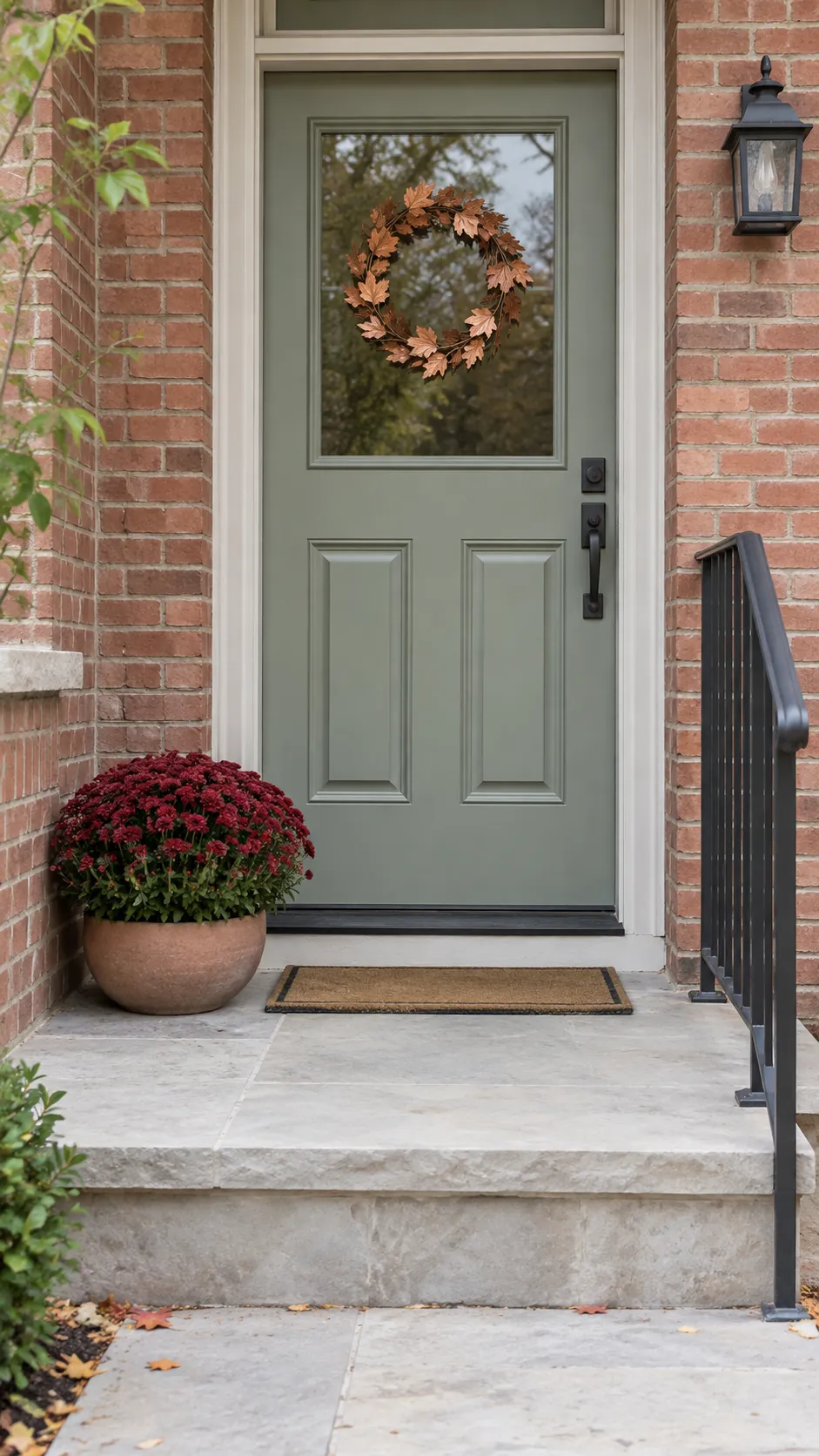 Small fall porch with a slim wreath and one planter outside the clear walkway