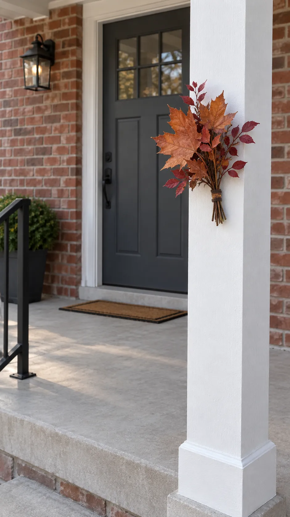 A Small Leaf Accent on a Solid Outer Post for small front porch fall decor