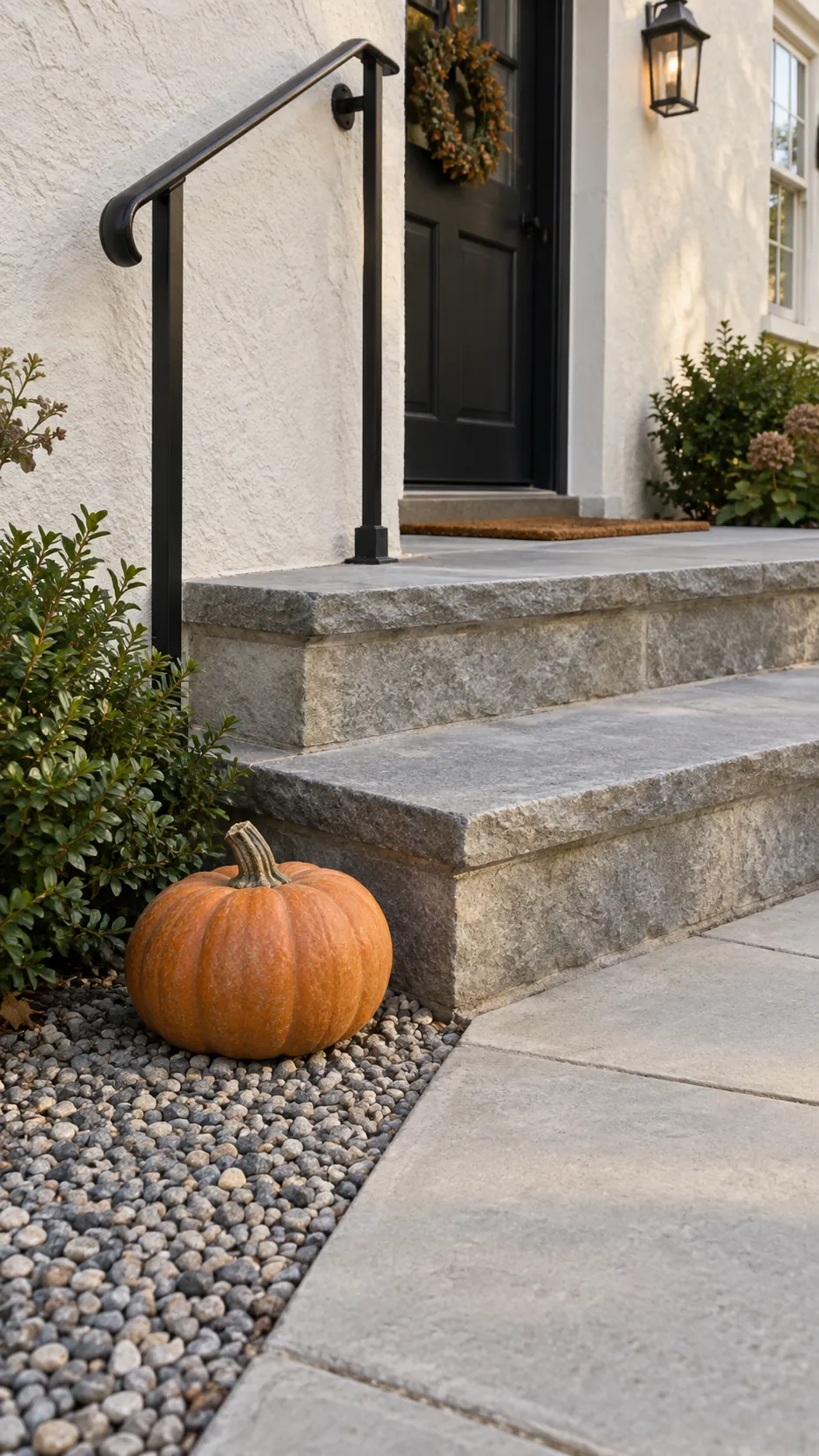 A Pumpkin Beside the Steps, Off the Treads for small front porch fall decor