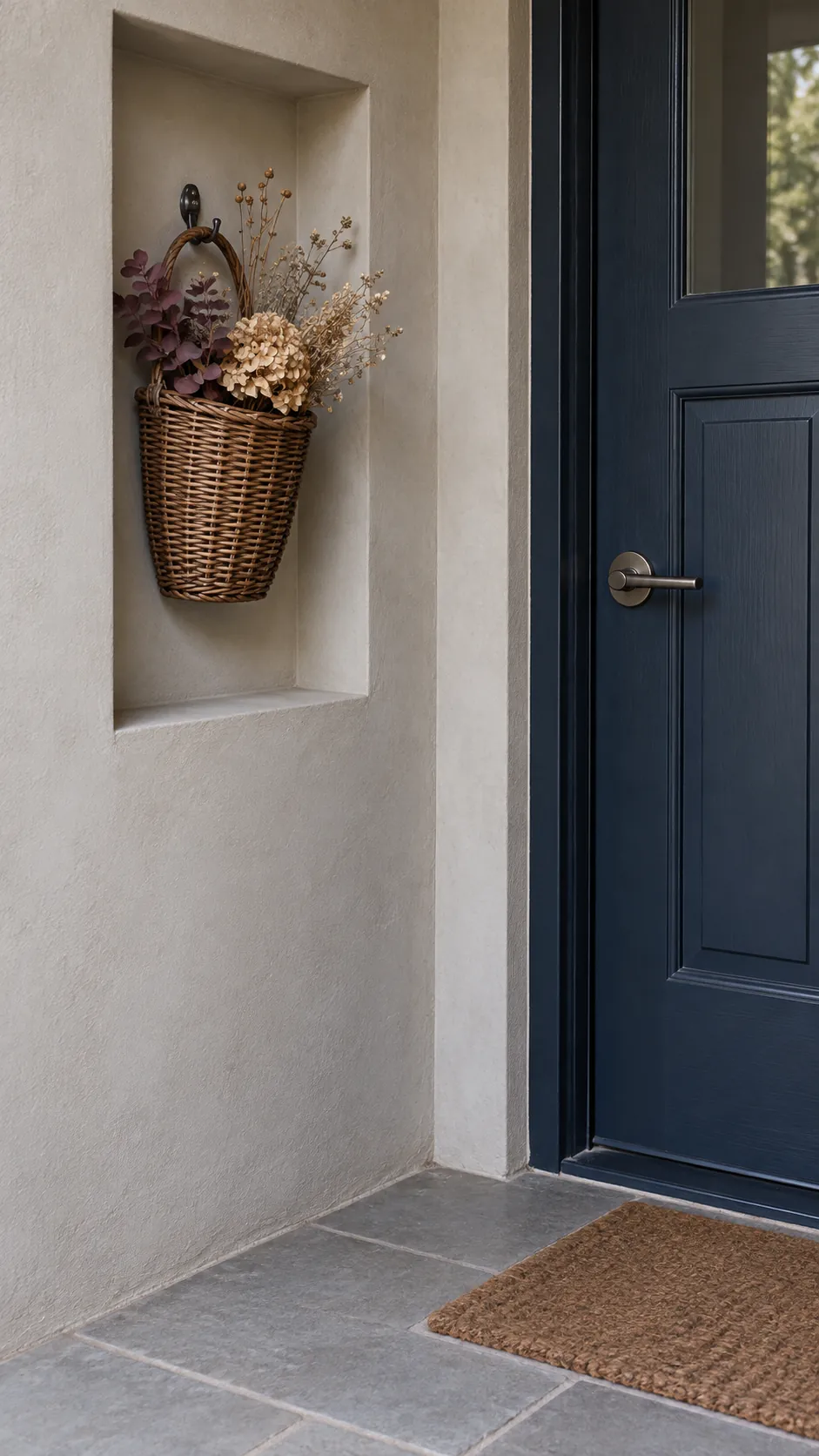 A Shallow Wall Basket in a Recess for small front porch fall decor