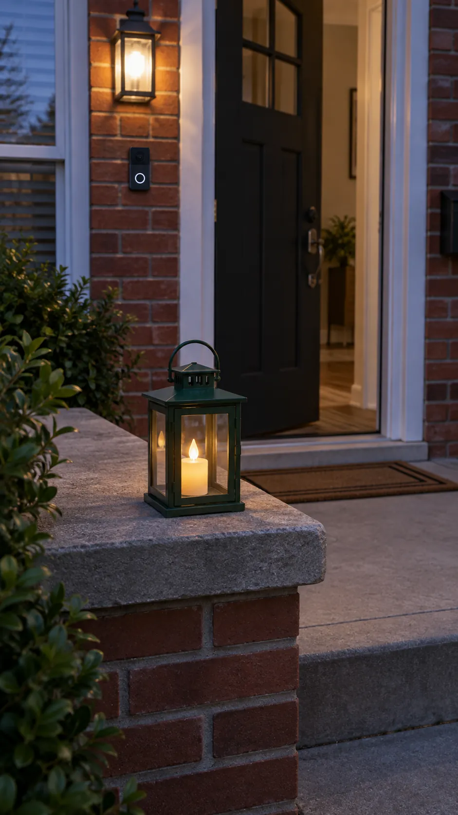 A Battery Lantern on a Broad Built In Ledge for small front porch fall decor