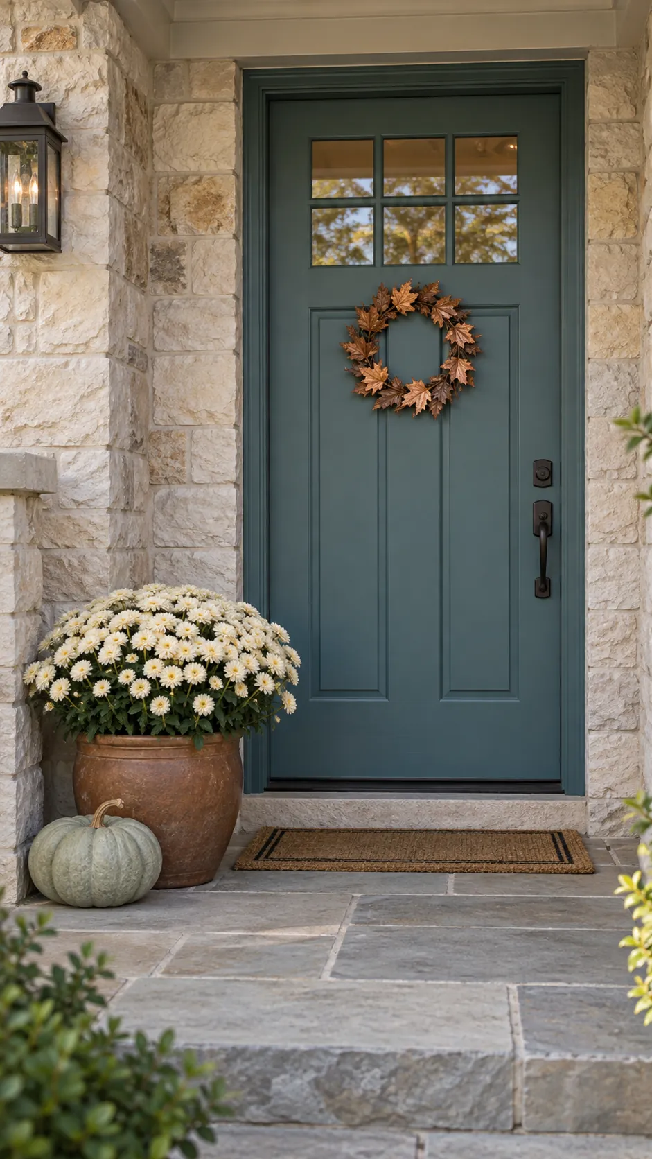 Coordinated fall porch palette with a teal door, cream mums, and copper leaves