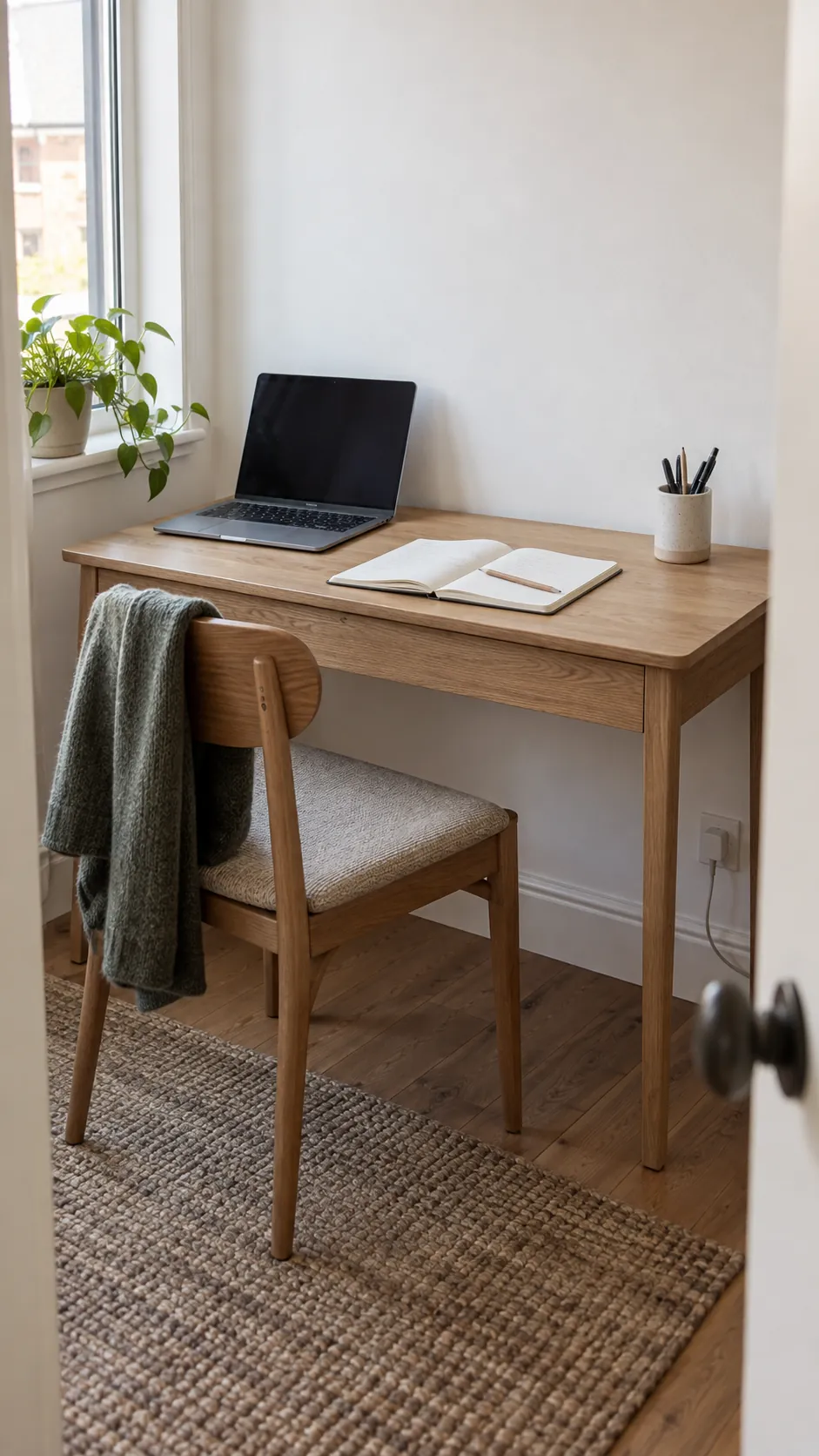 Clean desk aesthetic in a functional small home workspace
