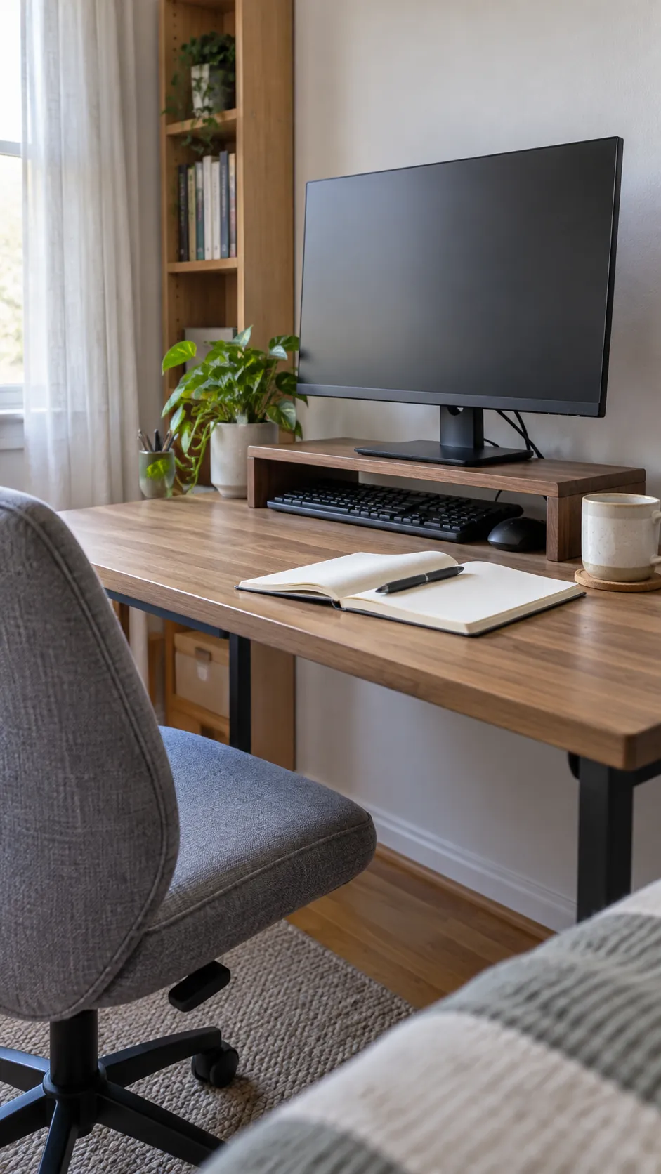 Clean desk aesthetic with monitor riser