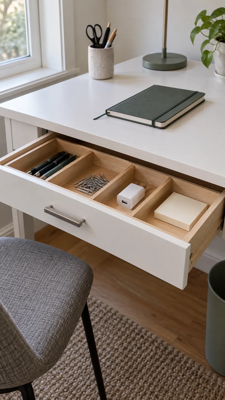 Clean desk aesthetic with small item storage