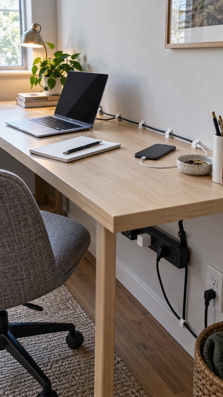 Clean desk aesthetic with cable routing