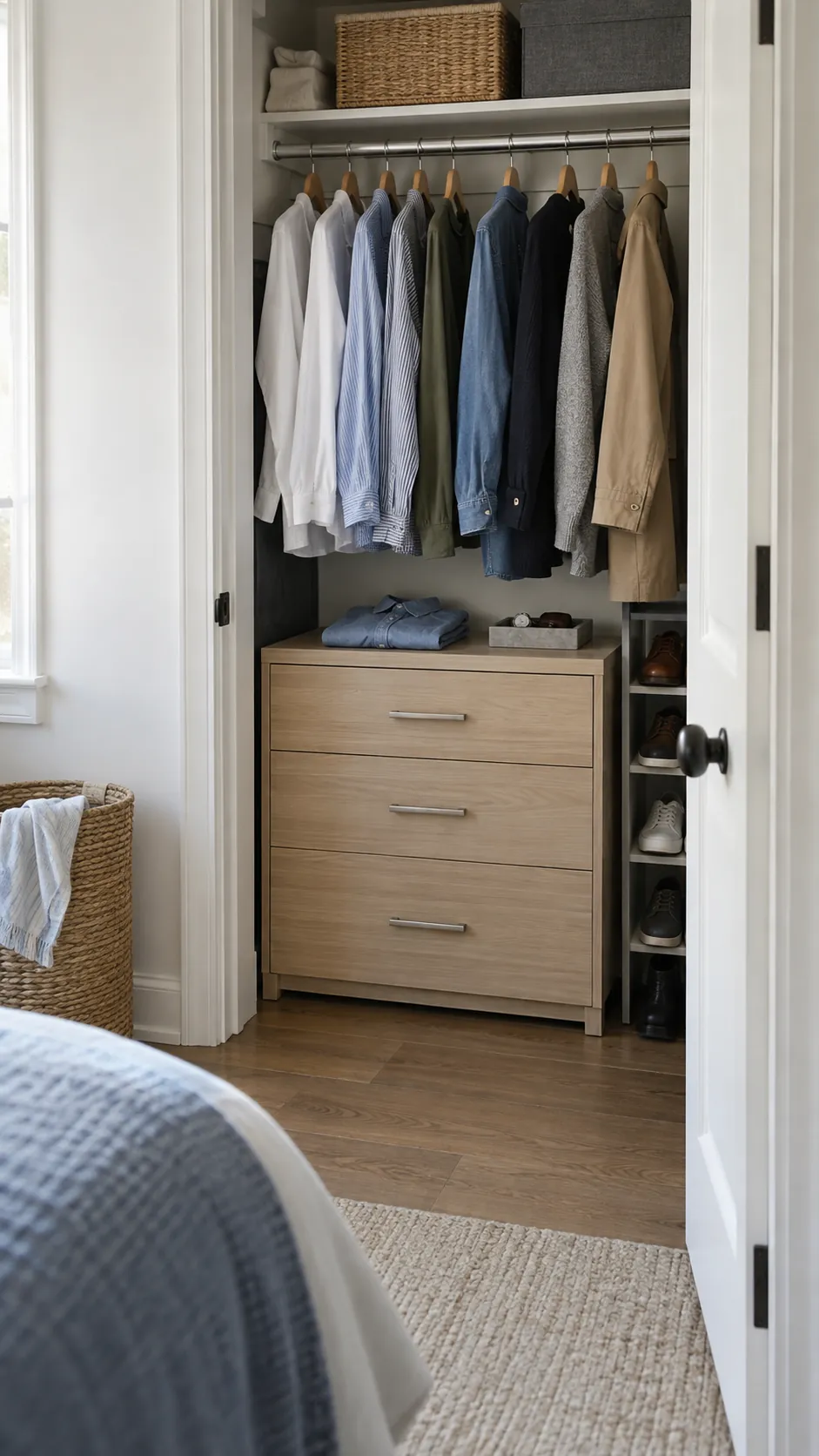 Small bedroom closet with a low drawer chest under short hanging clothes
