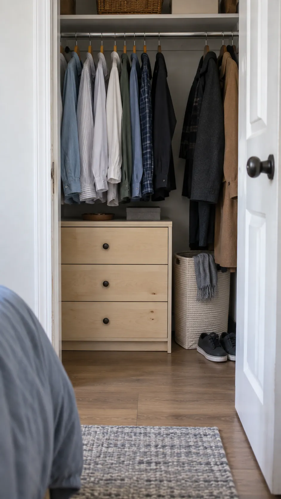 Low drawers beneath shirts in a small closet with coats moved aside