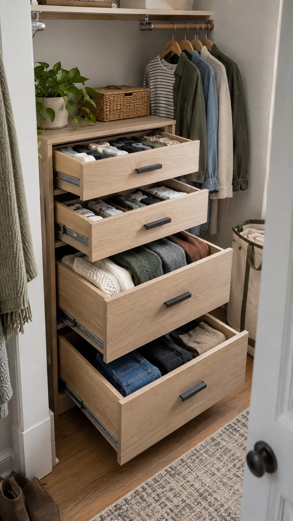 Shallow and deep closet drawers holding different folded clothing categories
