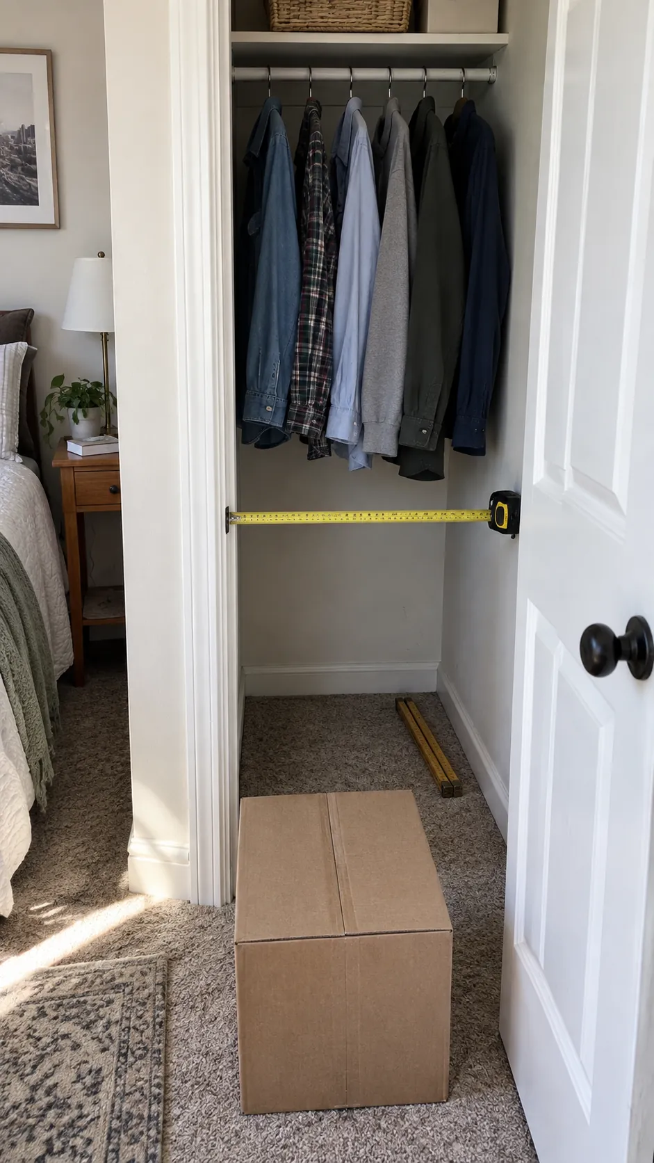 Tape measure checking clearance in a narrow closet before a drawer unit is purchased