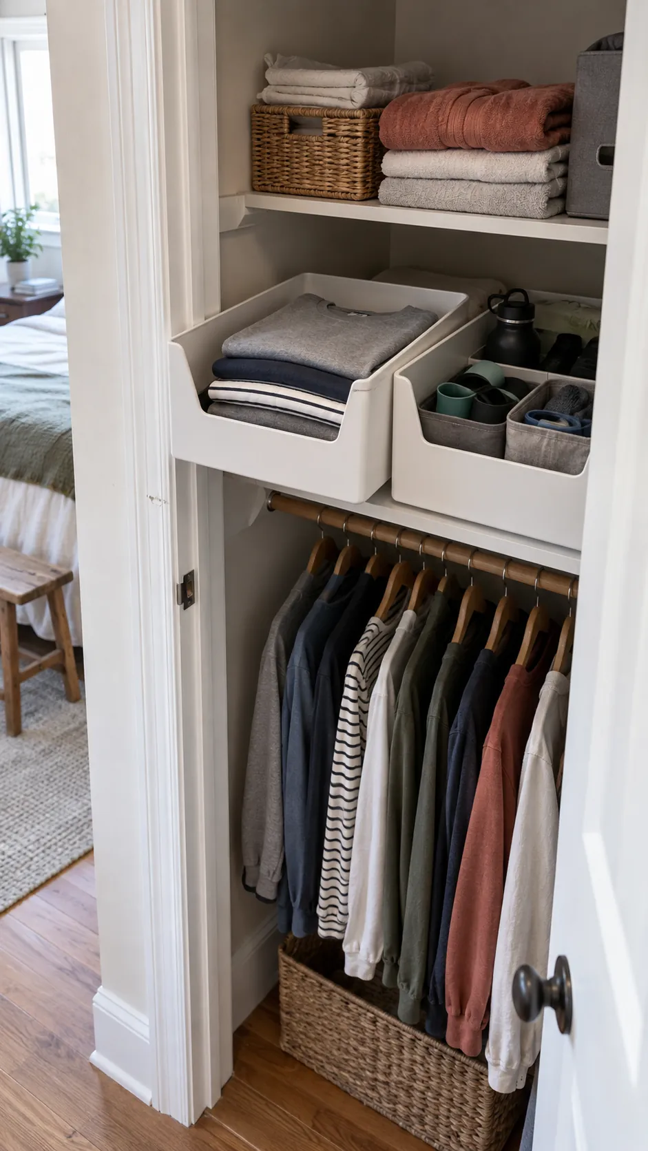 Rigid pull out bins turning an existing closet shelf into drawer storage