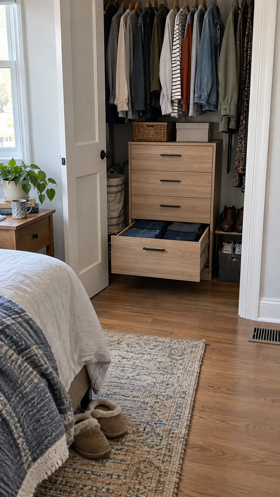 Fully extended closet drawer with clear floor access and heavy items stored low