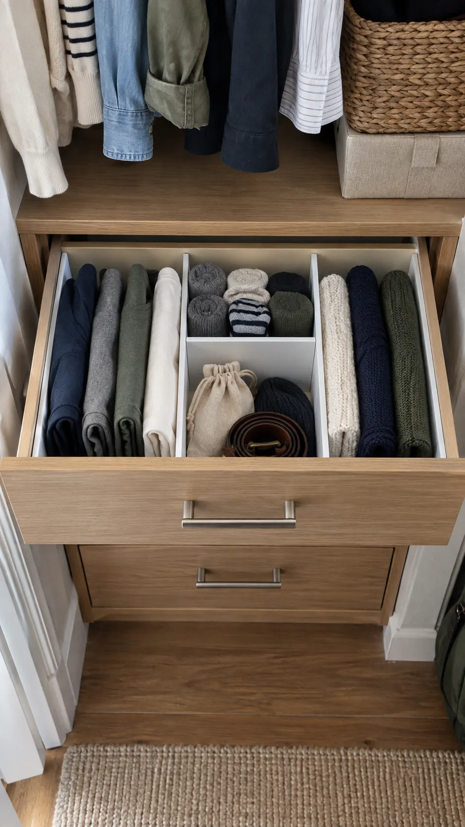 Drawer dividers separating upright folded clothes in a small closet
