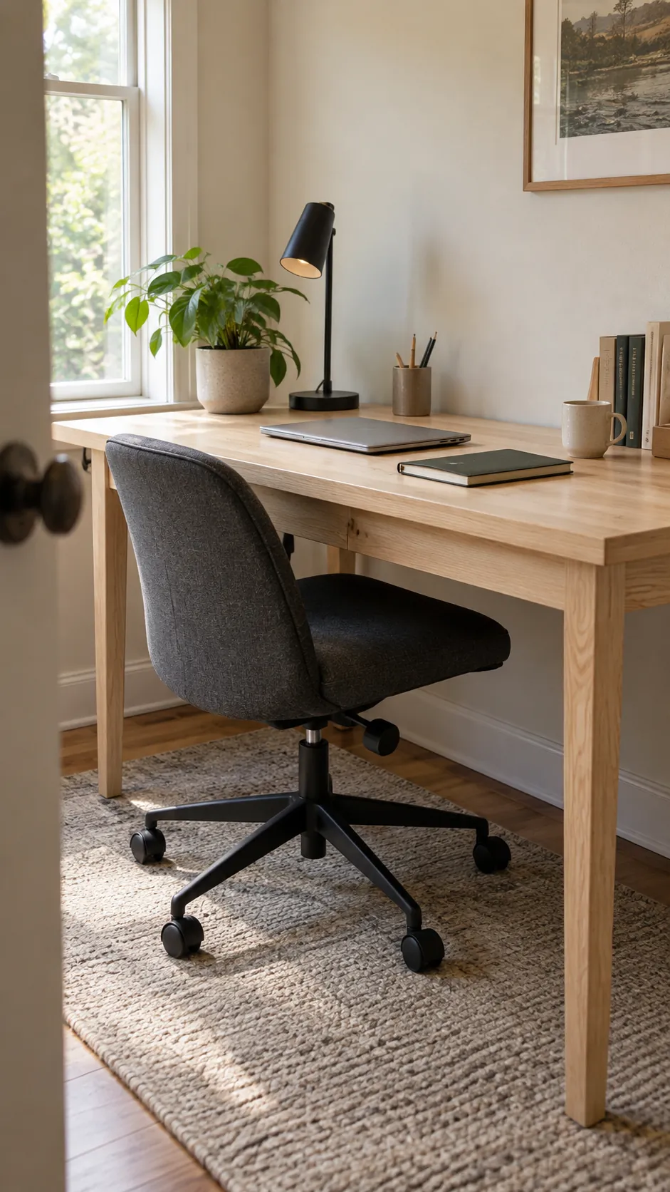 Aesthetic work desk with comfortable chair clearance