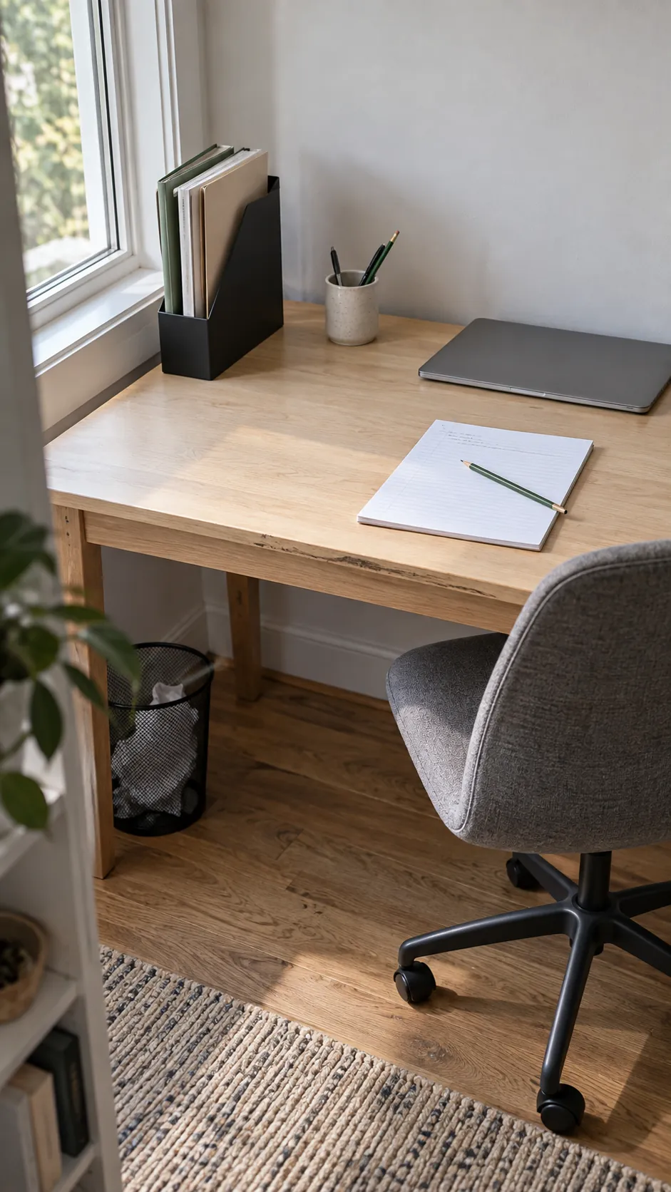 Aesthetic work desk showing paper landing zone