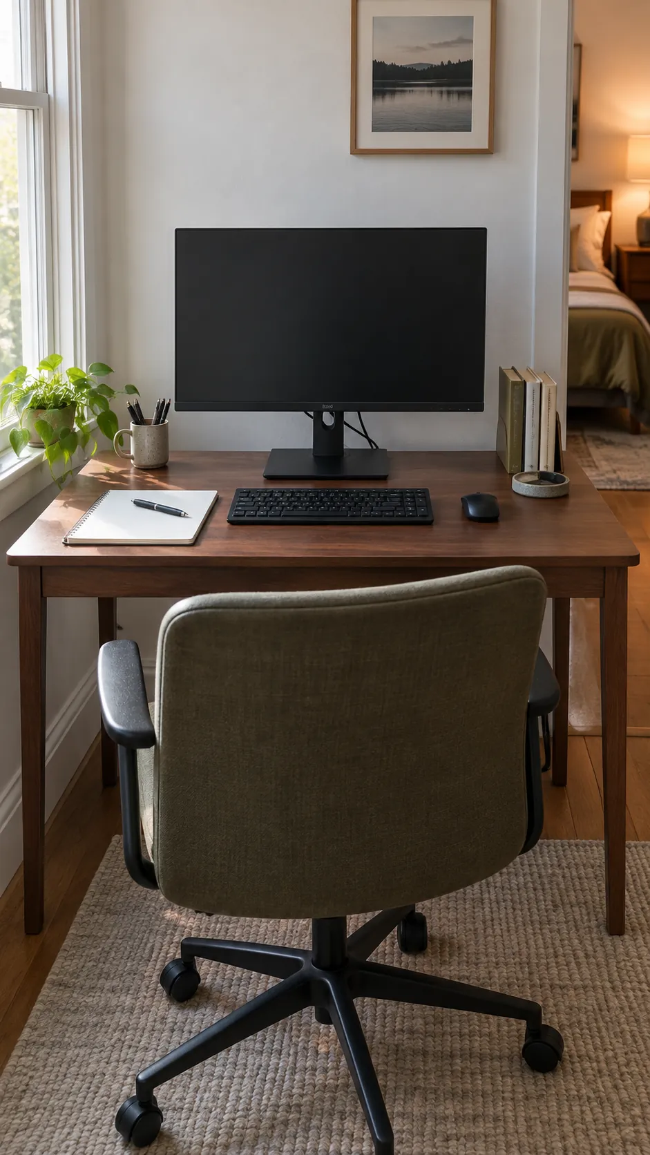 Aesthetic work desk showing screen placement