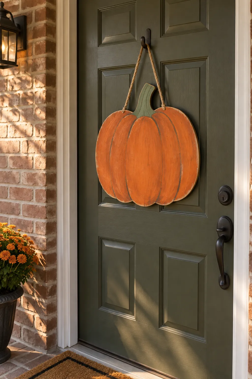 Handmade Halloween pumpkin door hanger on a front porch door