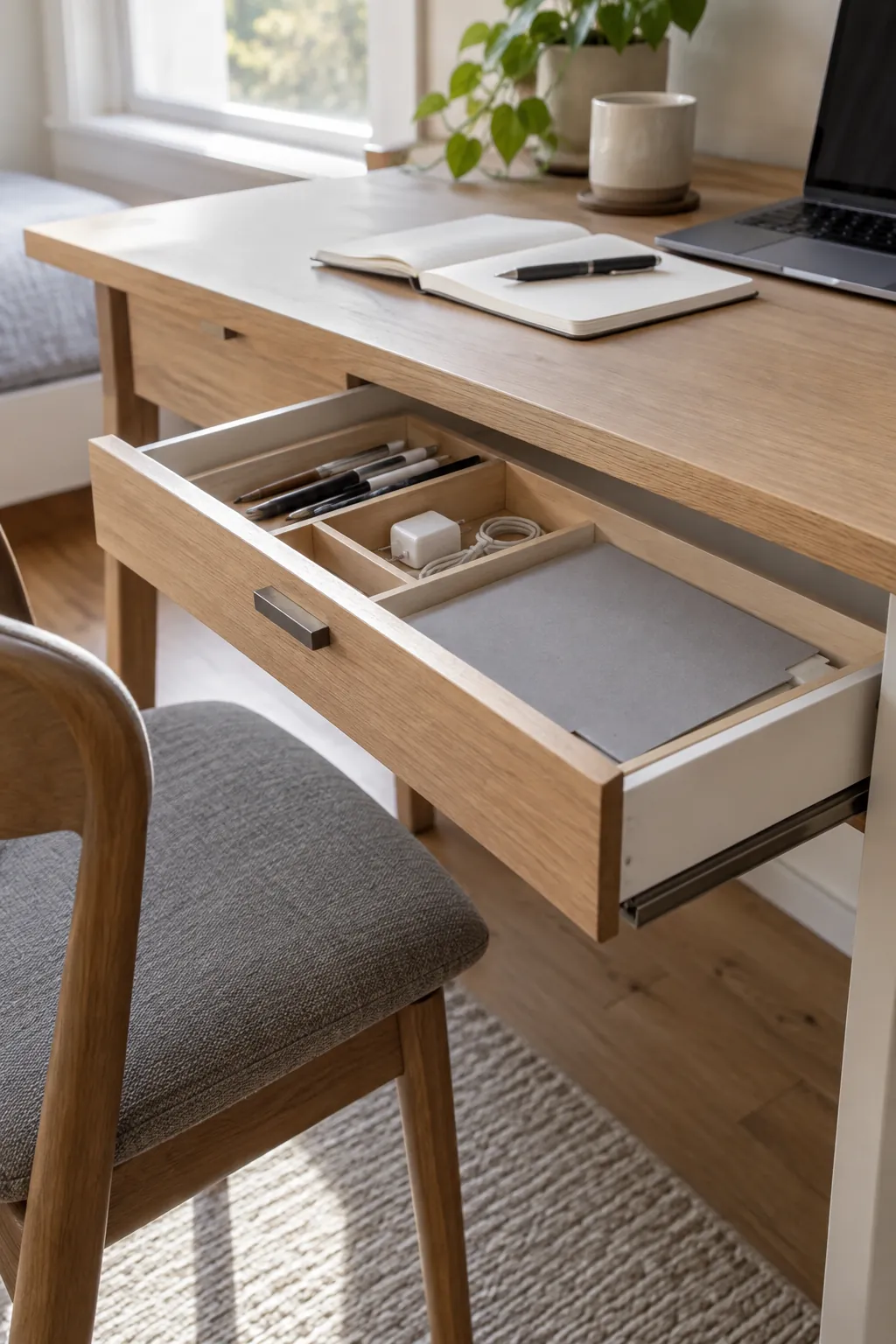 Minimalist desk aesthetic showing purposeful storage