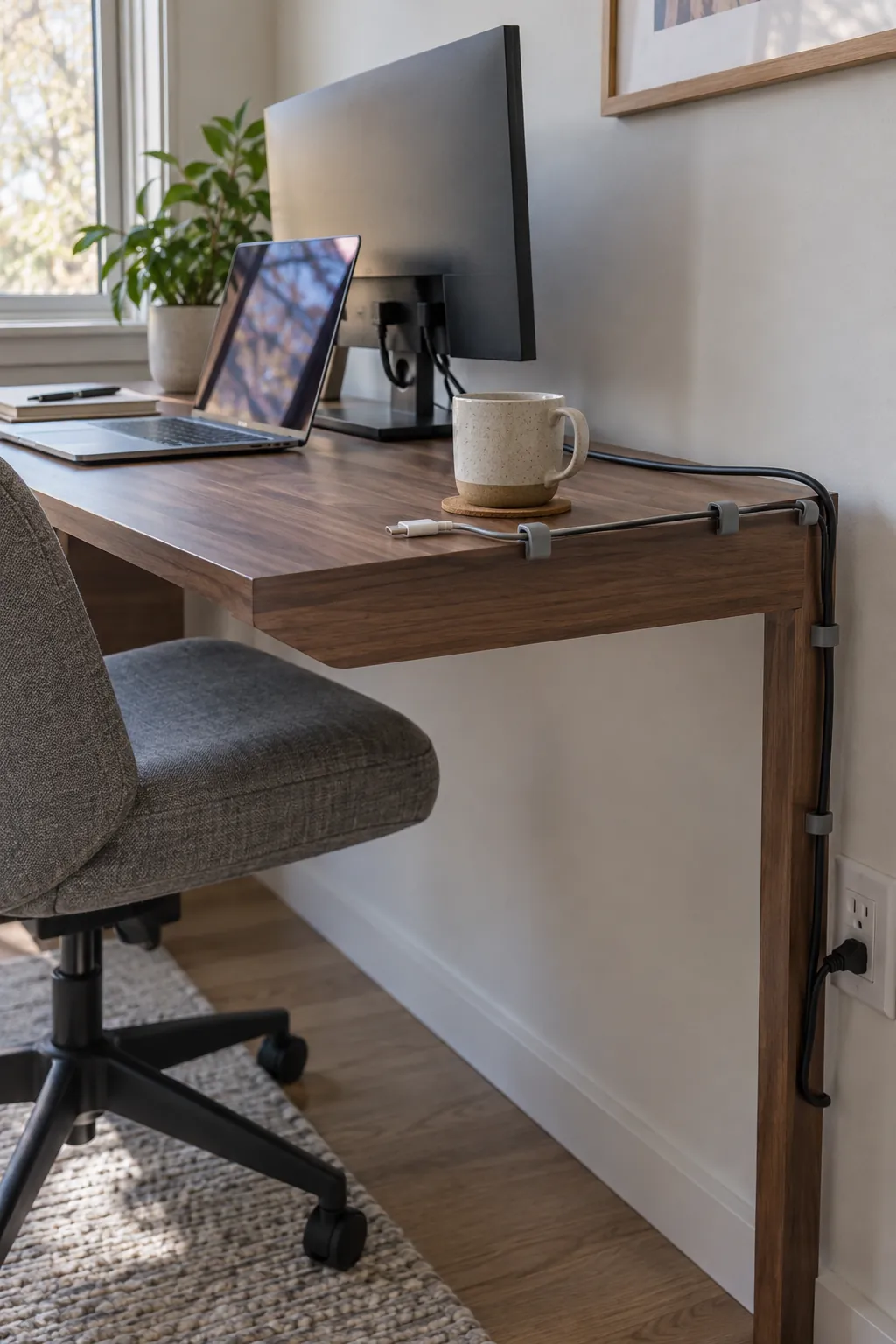 Minimalist desk aesthetic showing cable path