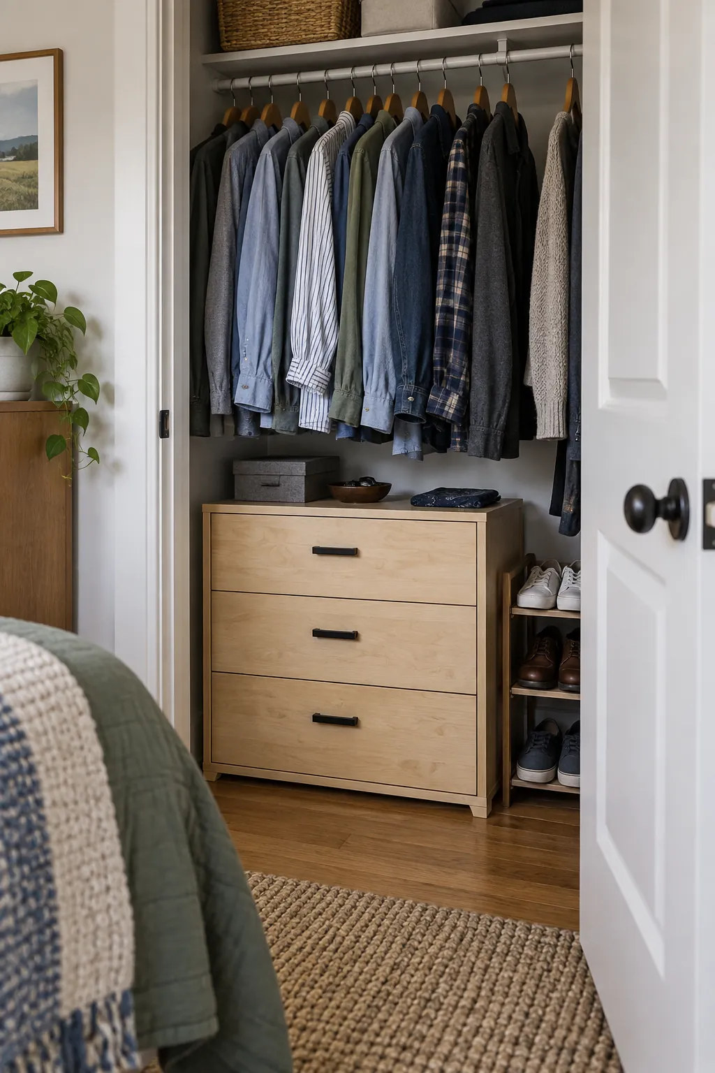 Place a low chest beneath the rail in a small closet without custom cabinets