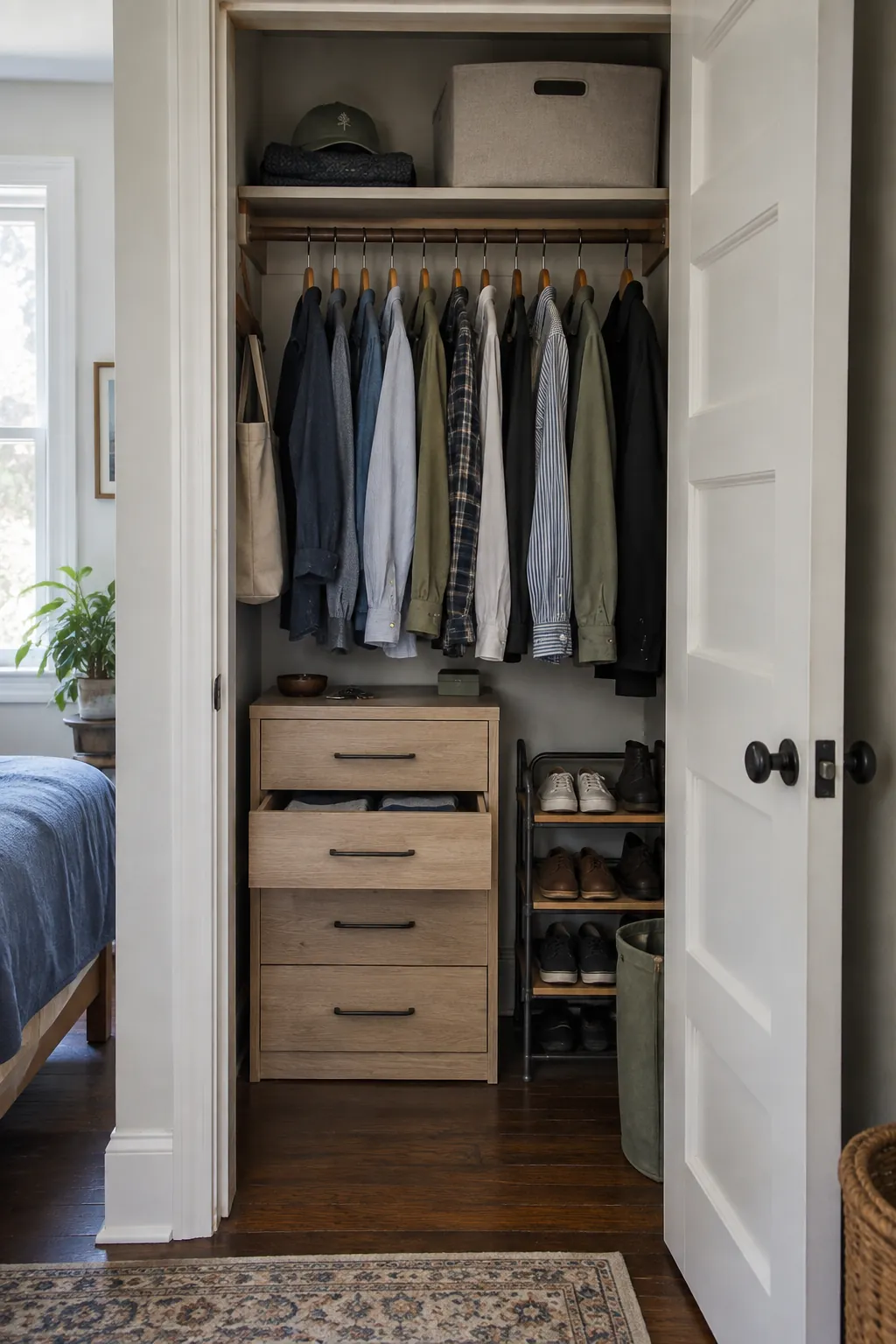 Small closet makeover with freestanding drawers and organized shelves