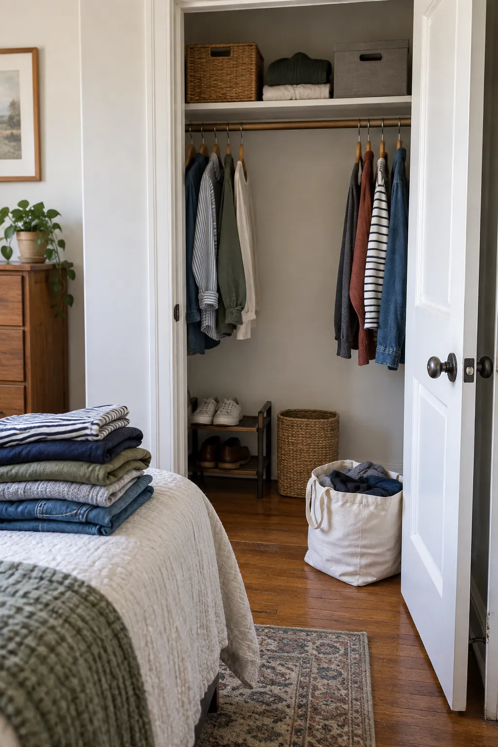 Sort clothes before buying storage in a small closet without custom cabinets