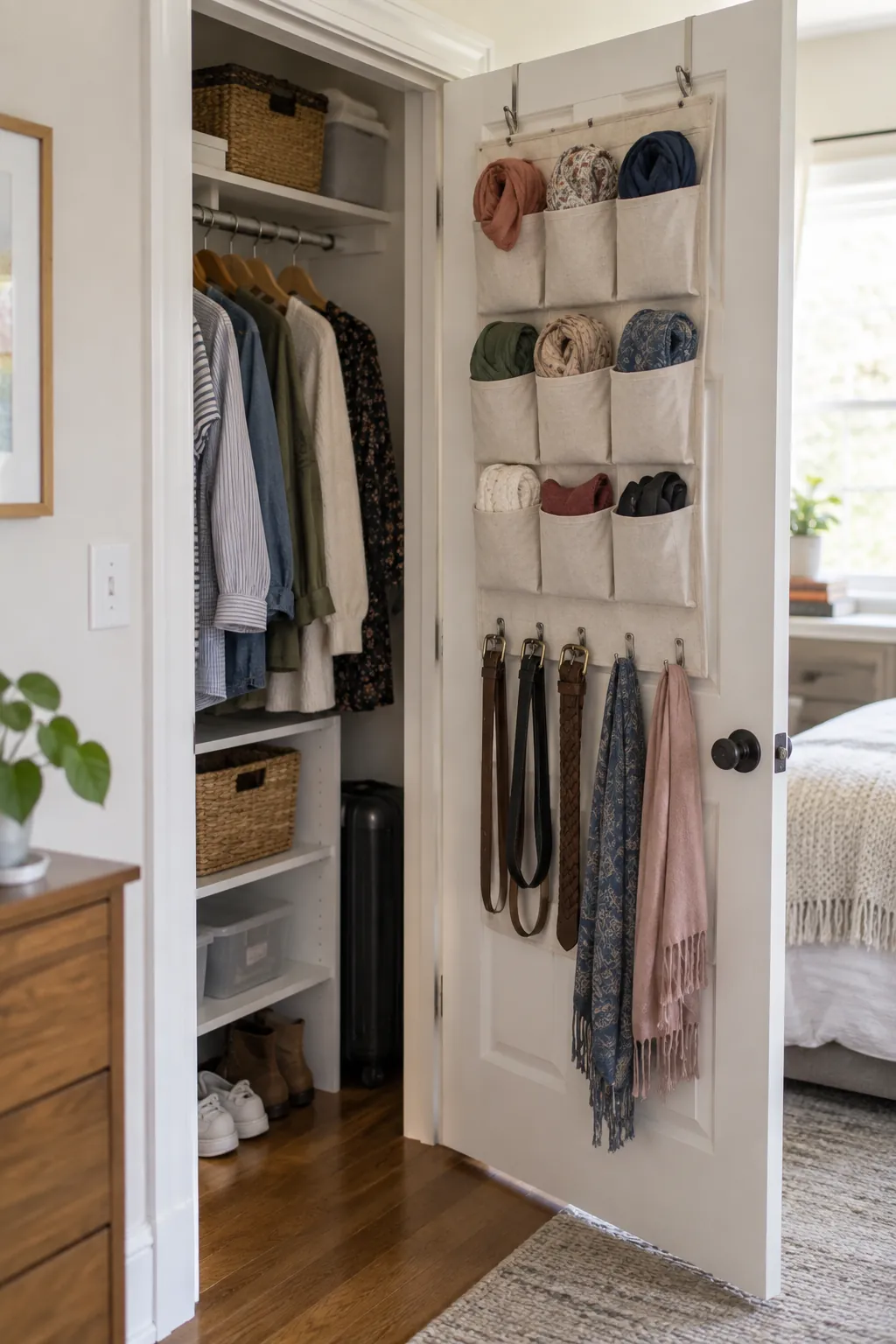Use an organizer on the door in a small closet without custom cabinets