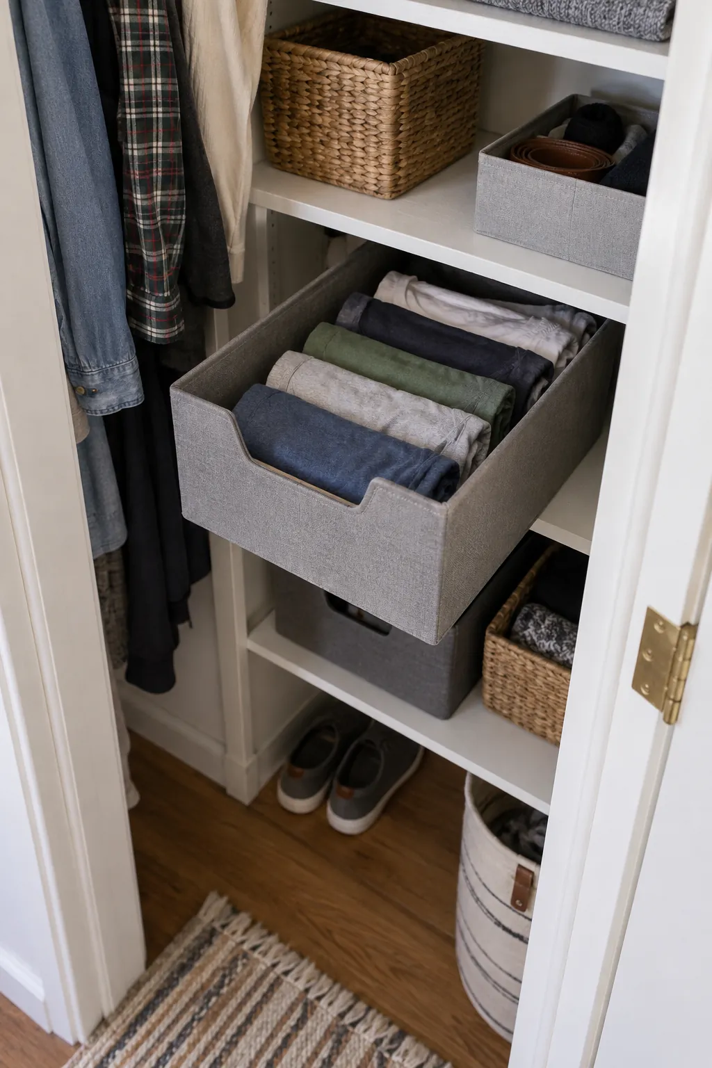 Turn a shelf into pull out storage in a small closet without custom cabinets