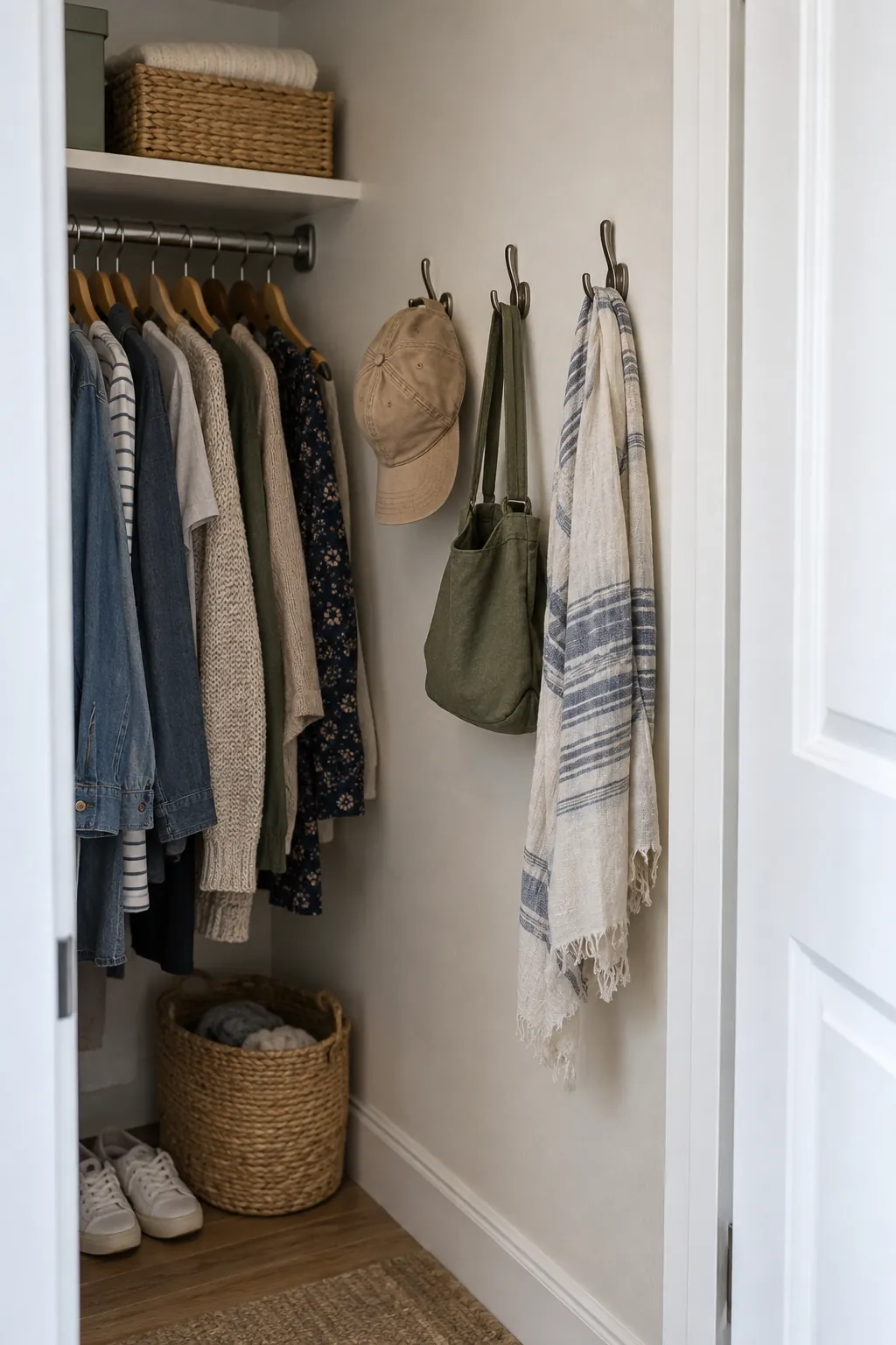 Hang accessories on a side wall in a small closet without custom cabinets