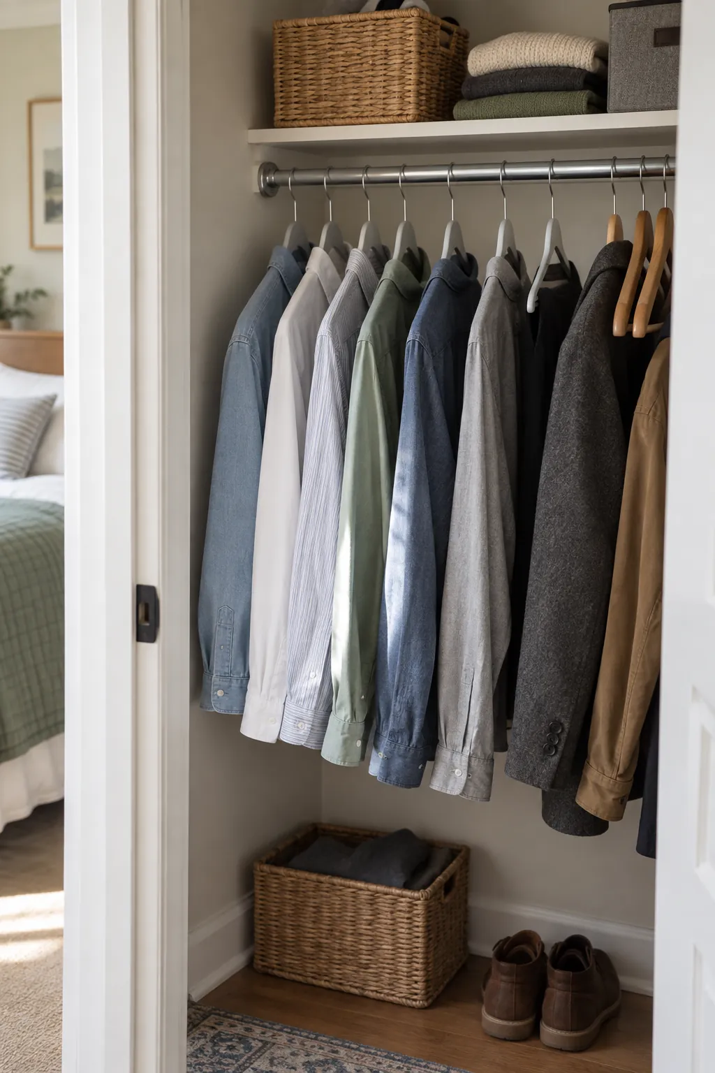 Choose slim hangers for breathing room in a small closet without custom cabinets