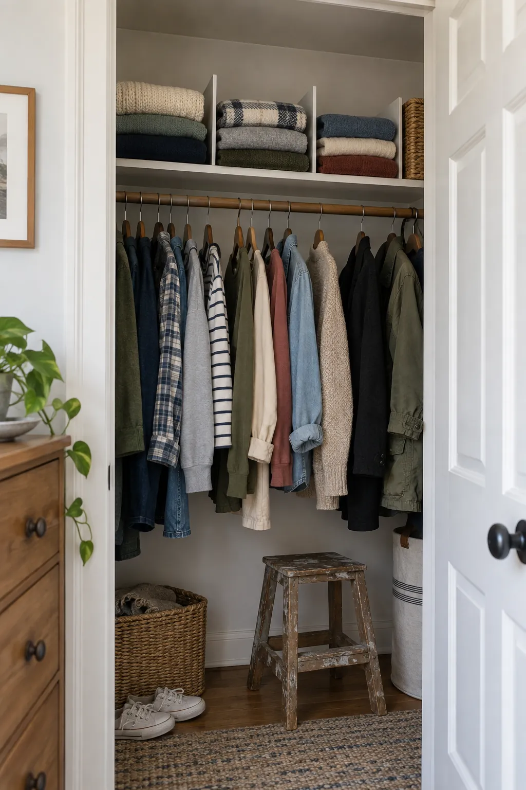 Divide a long top shelf in a small closet without custom cabinets