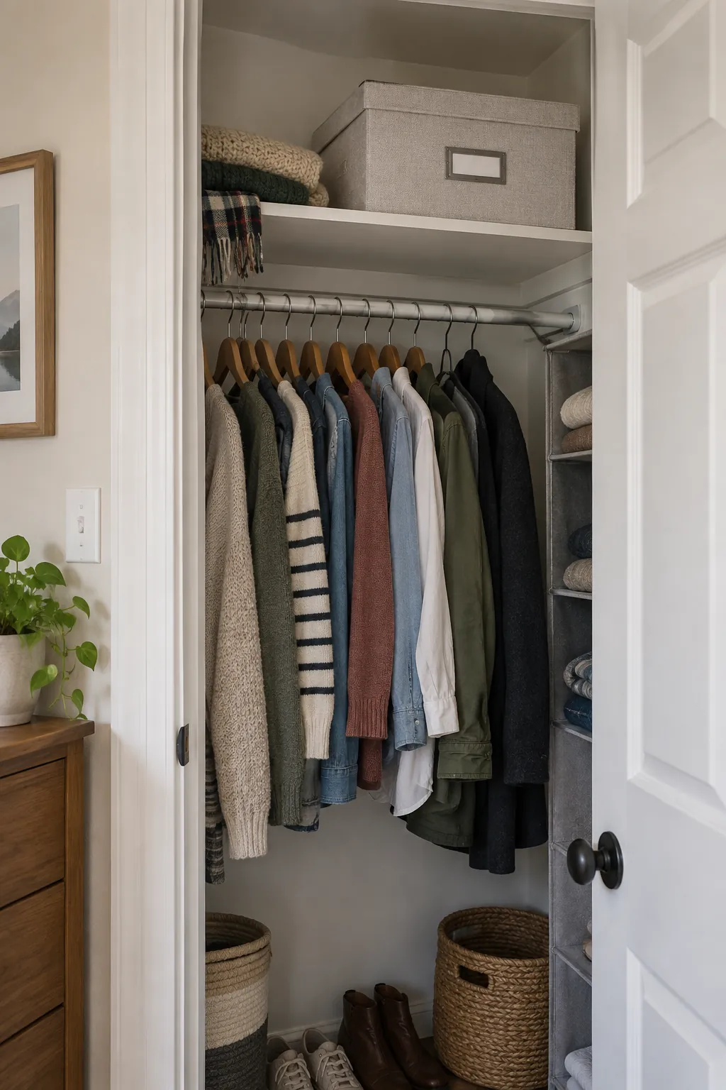 Store seasonal pieces above the daily zone in a small closet without custom cabinets