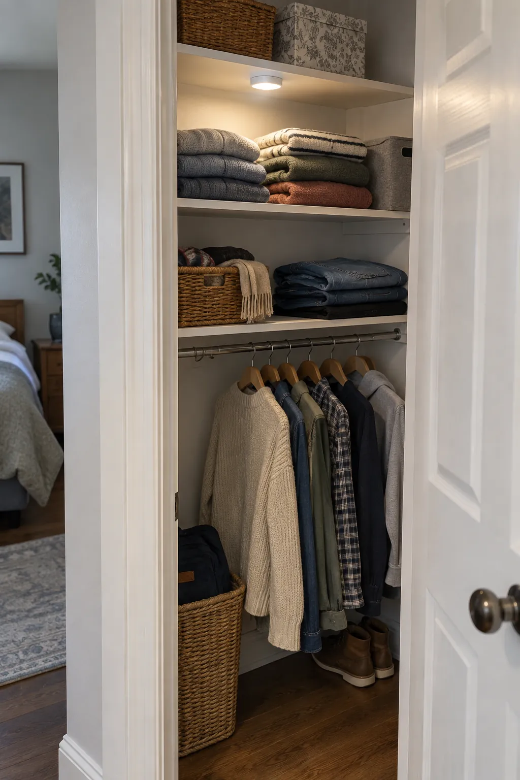 Add light where the back stays dark in a small closet without custom cabinets