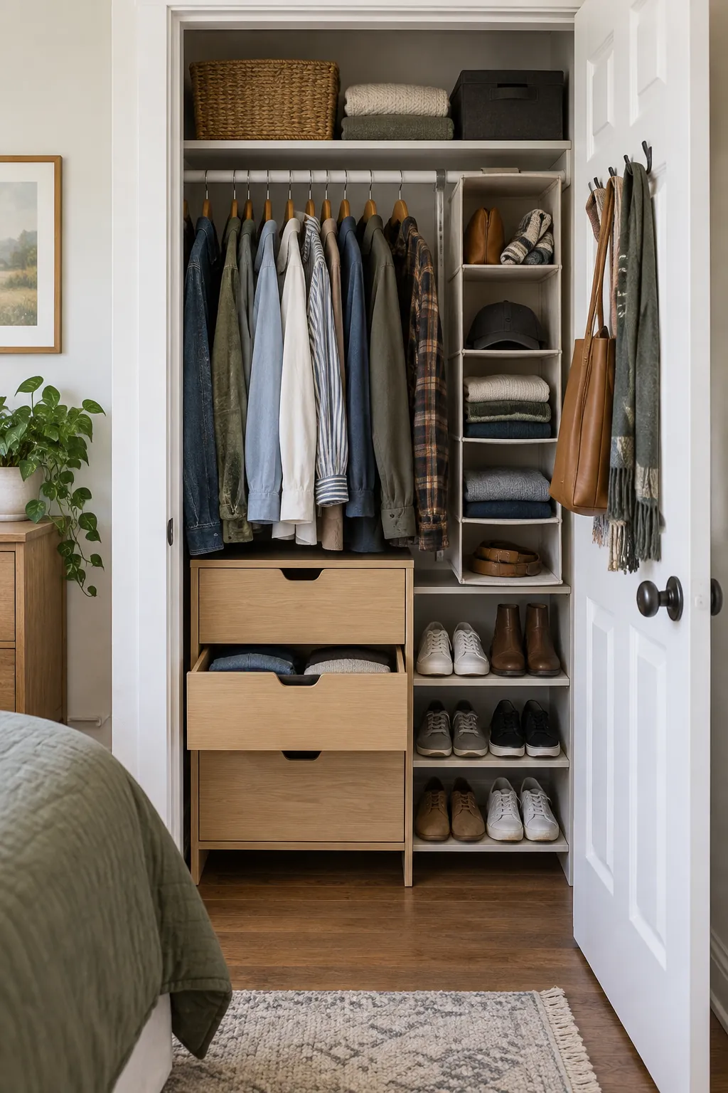 Finish with clear everyday zones in a small closet without custom cabinets