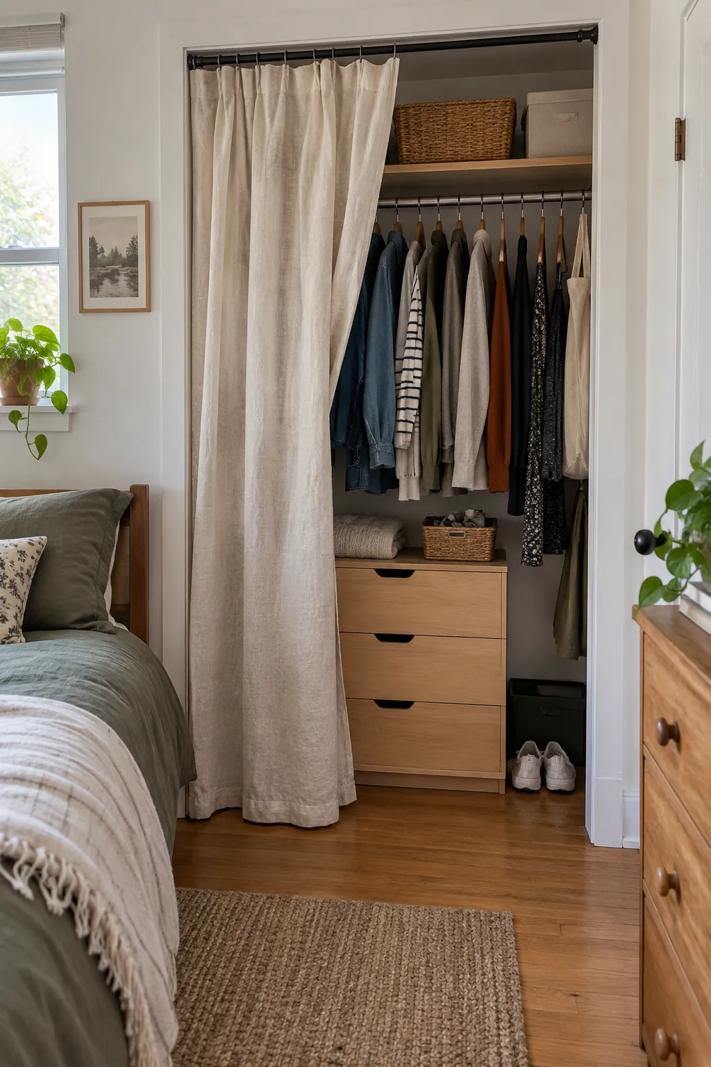Swap a bulky door for a curtain when suitable in a small closet without custom cabinets
