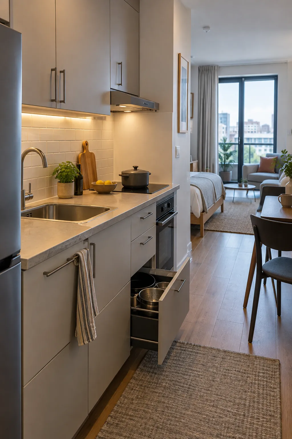 Compact studio kitchen upgrade with existing sink location and improved storage