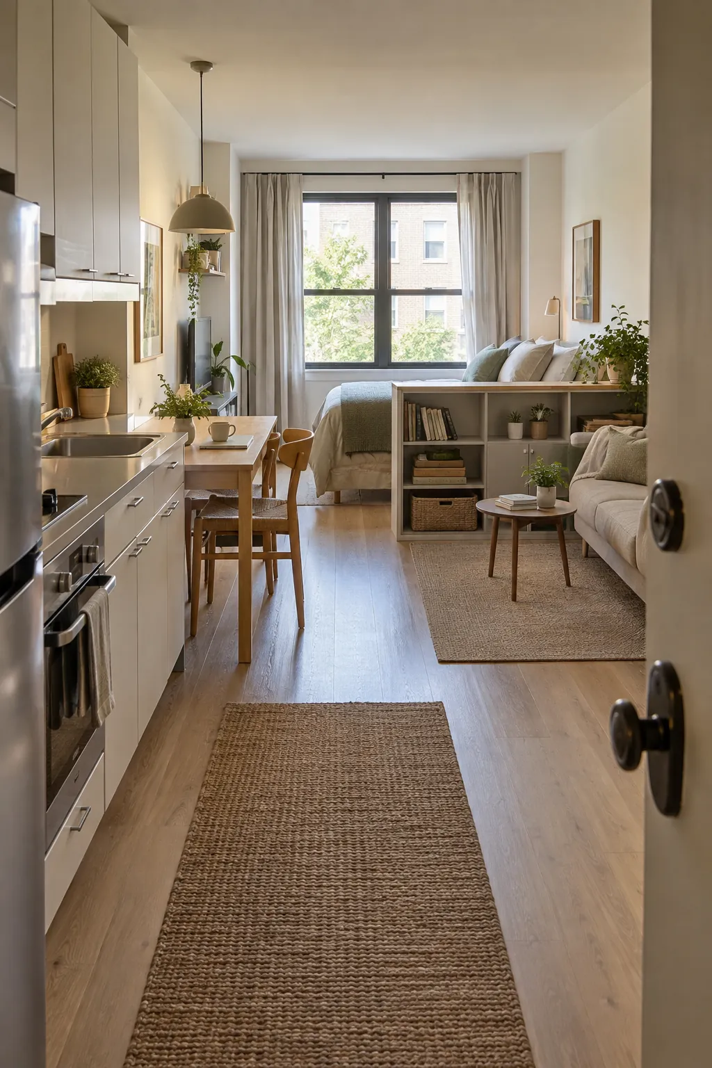 Renovated small studio apartment with connected kitchen living and sleep zones
