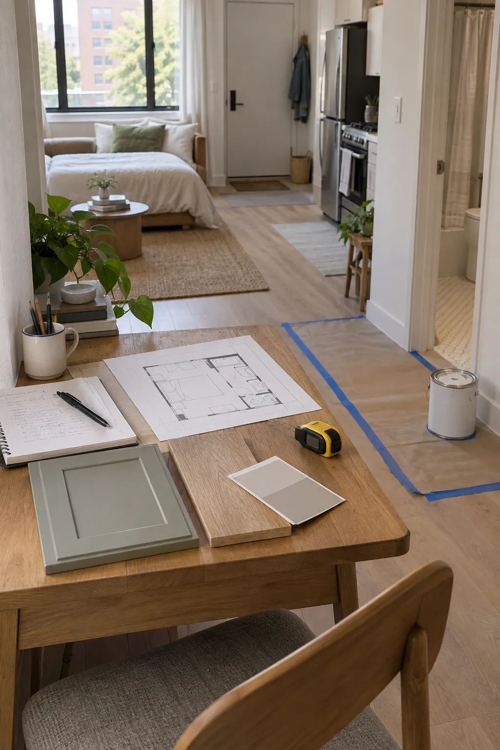 Studio renovation planning desk with samples and a realistic work sequence beside the room