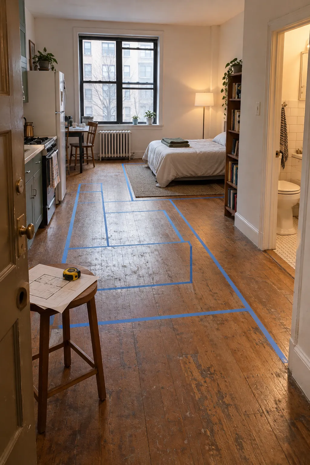 Small studio apartment floor marked with temporary furniture outlines before renovation