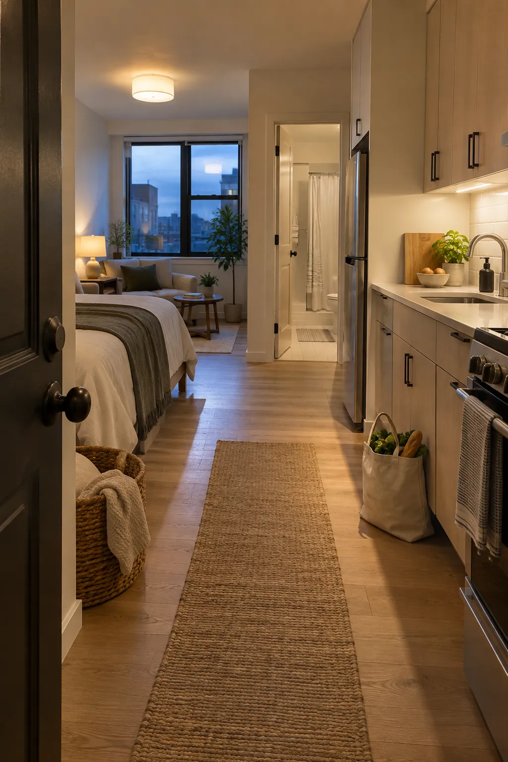 Renovated studio showing layered practical lighting and a clear walking route