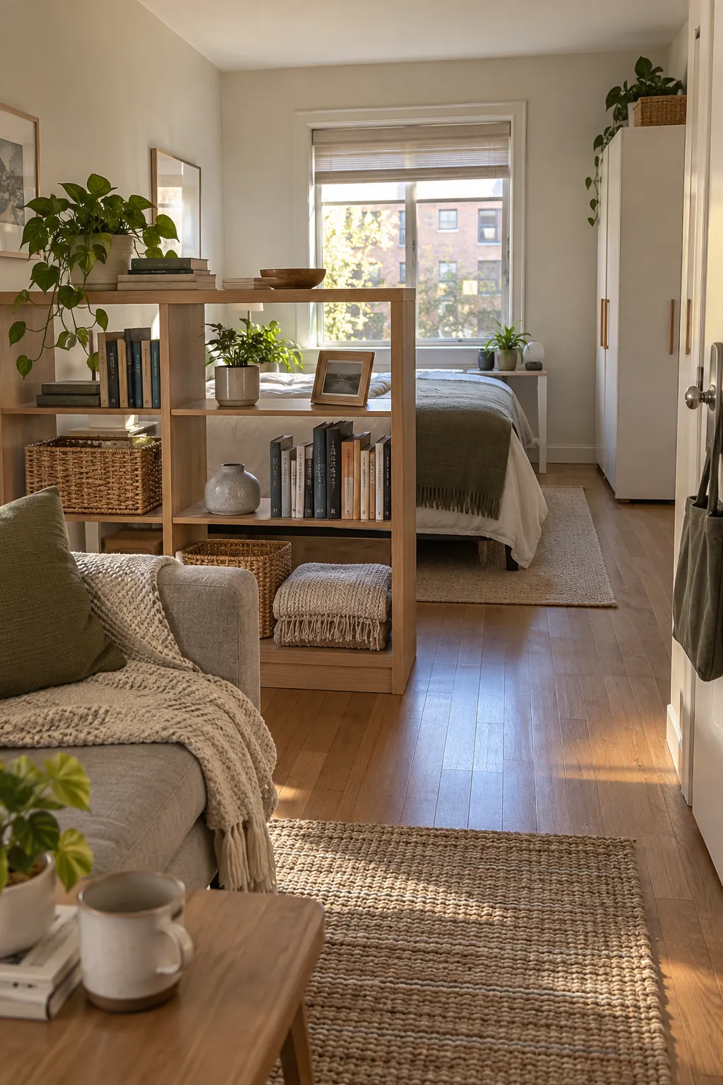 Open shelving divider between sleep and living zones in a studio apartment