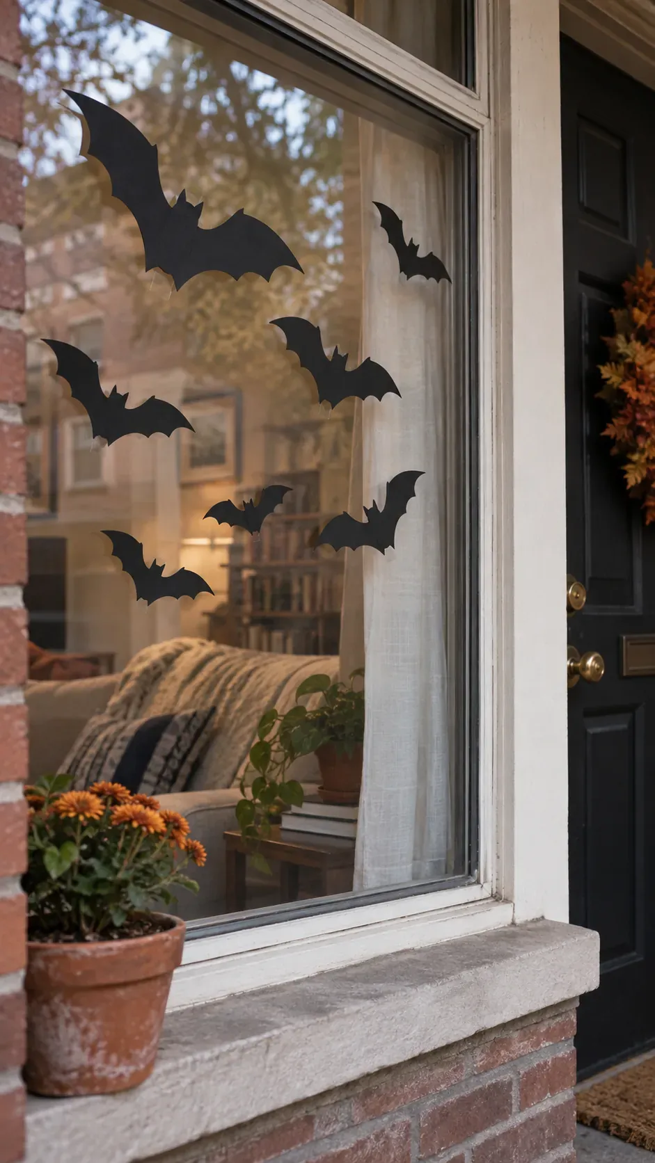 Cheap DIY Halloween decoration showing black paper window bats