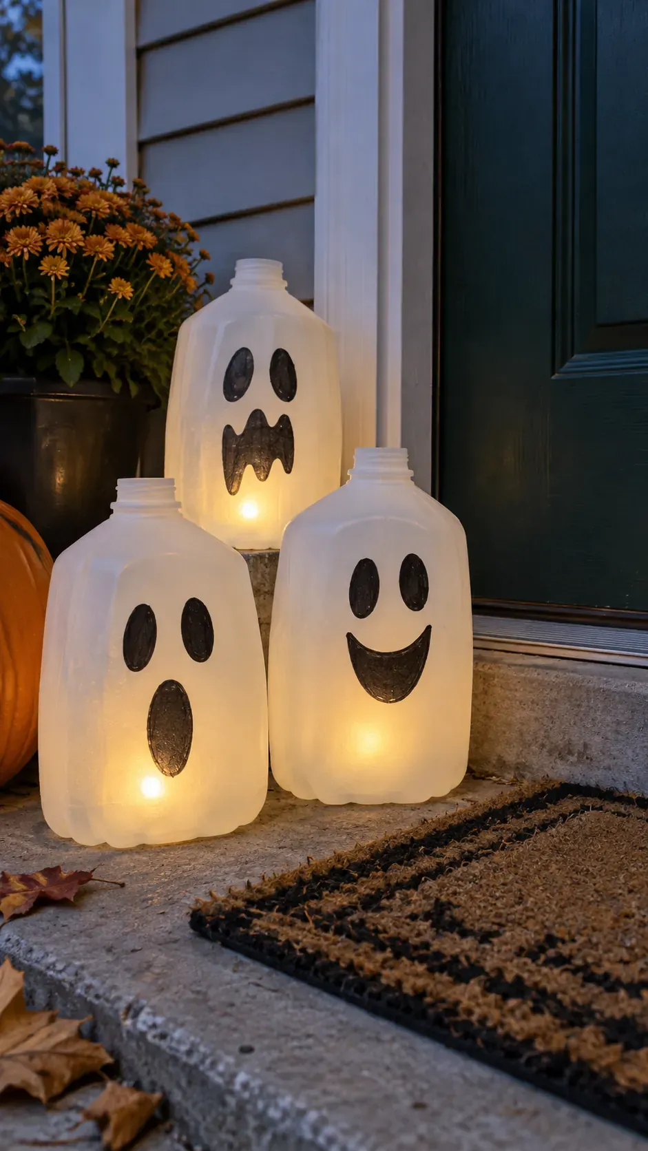 Cheap DIY Halloween decoration showing milk jug ghost lanterns