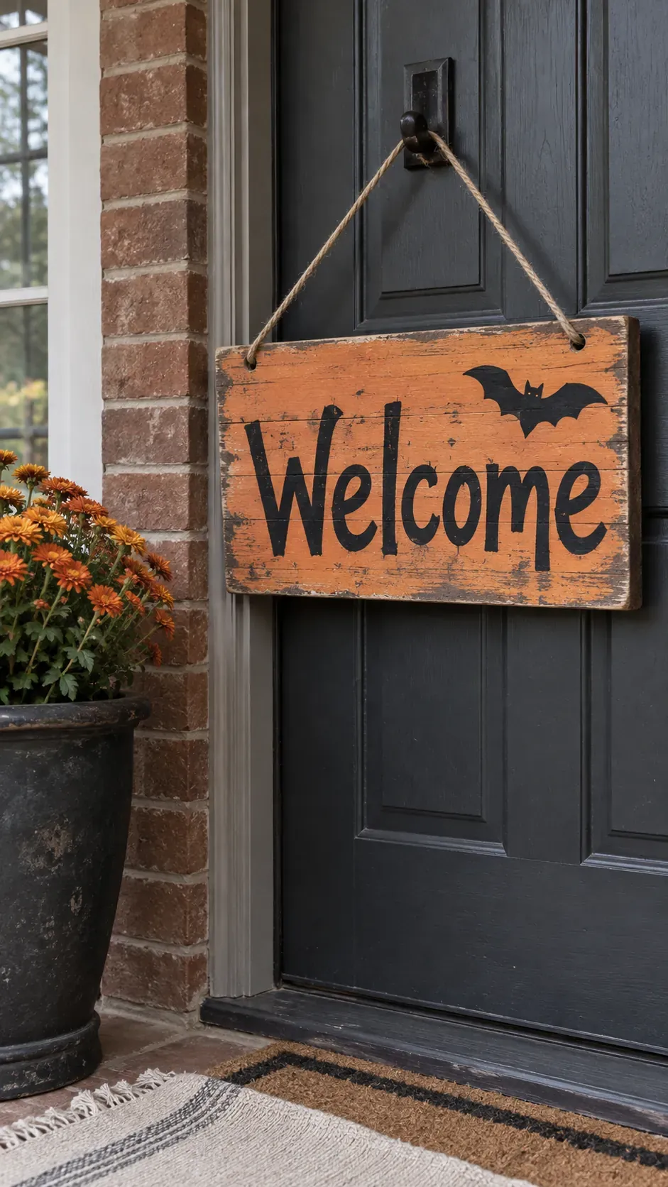Cheap DIY Halloween decoration showing painted scrap wood welcome sign