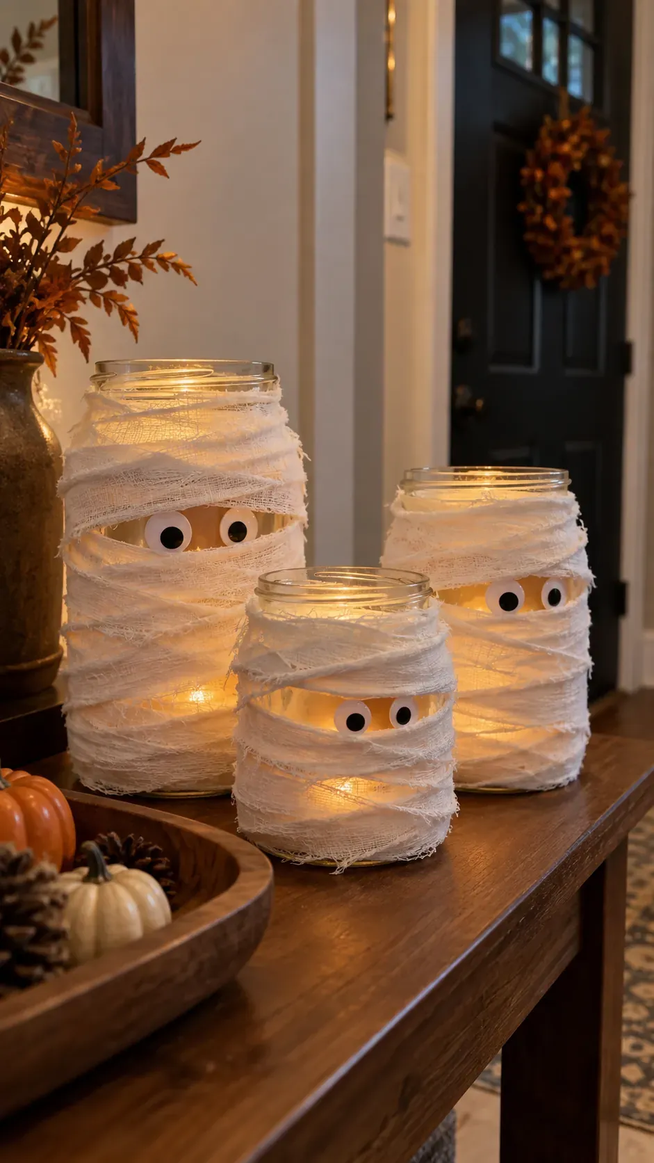 Cheap DIY Halloween decoration showing mummy wrapped glass jars