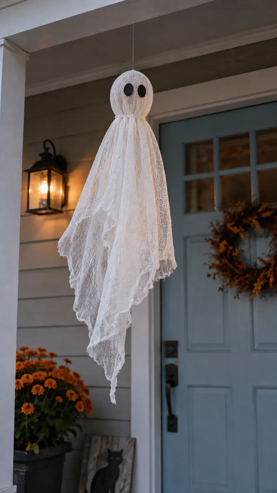 Cheap DIY Halloween decoration showing cheesecloth porch ghost
